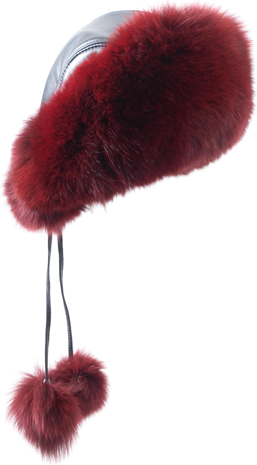 Russian Fur Hat for Women - Real Fox Fur Winter Hat with Sheepskin Leather Shell Cossack Ushanka Style