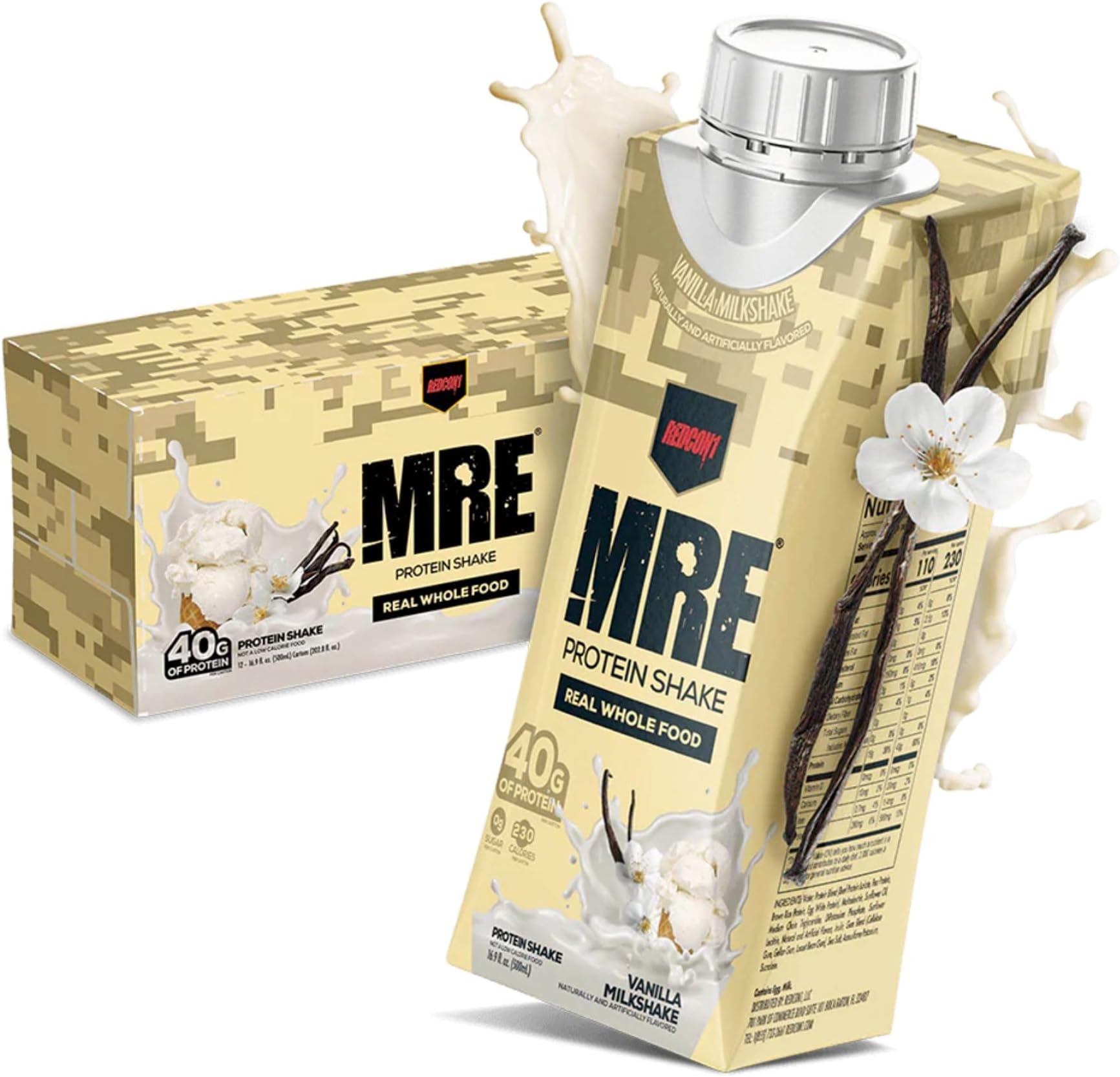 REDCON1 MRE Ready to Drink Protein Shakes, Vanilla Milkshake - Protein Drinks with Whole Food Sources - Sugar Free RTD Shake Formulated to Fuel Athletes at Any Time (12 Pack)
