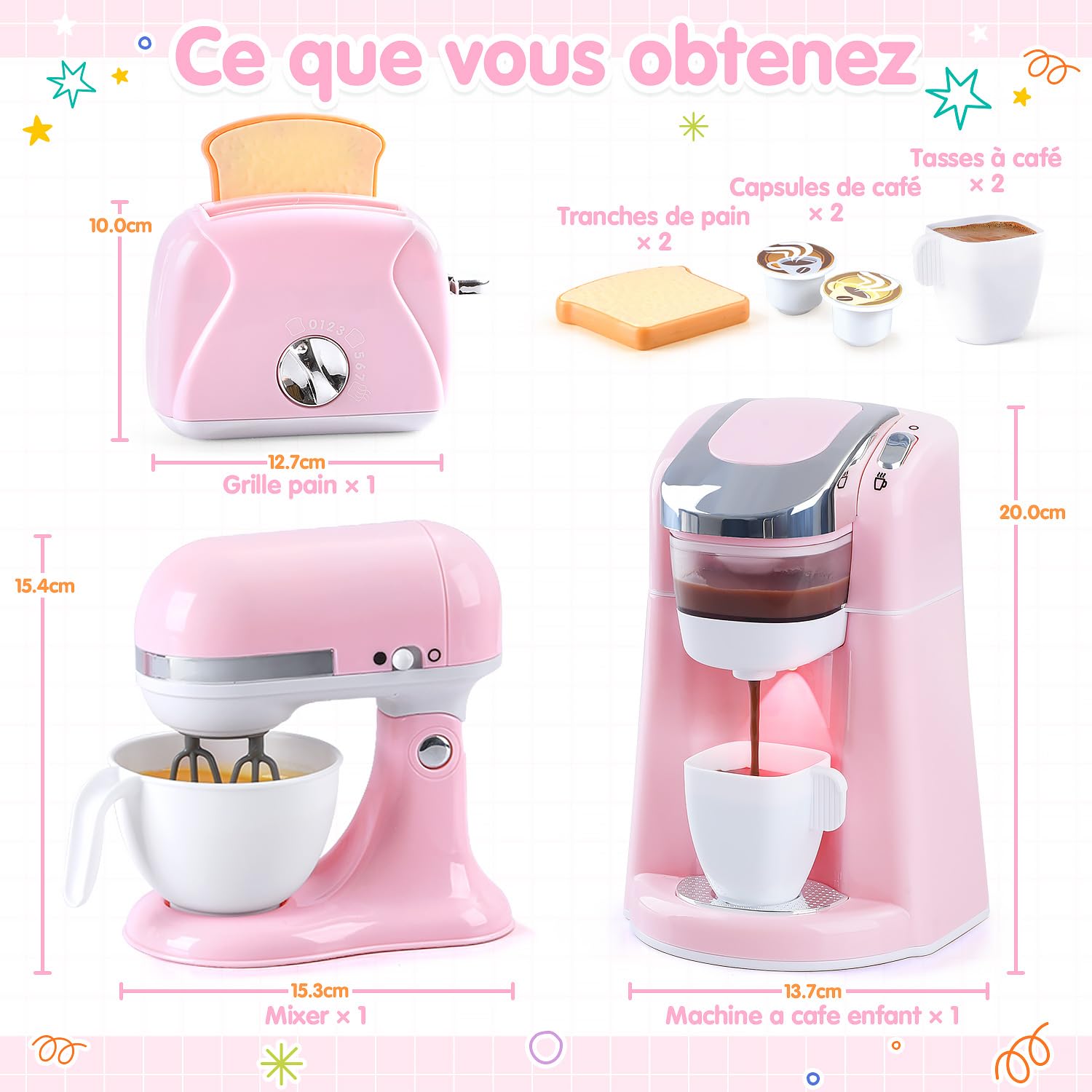 PLAY Accessoire Cuisine Enfant avec Cafetière, Mixer, Grille-Pain avec Llumière et Son Réalistes, Set de Ustensile Cuisine Cadeau pour Enfant 3+ Ans (Rose)