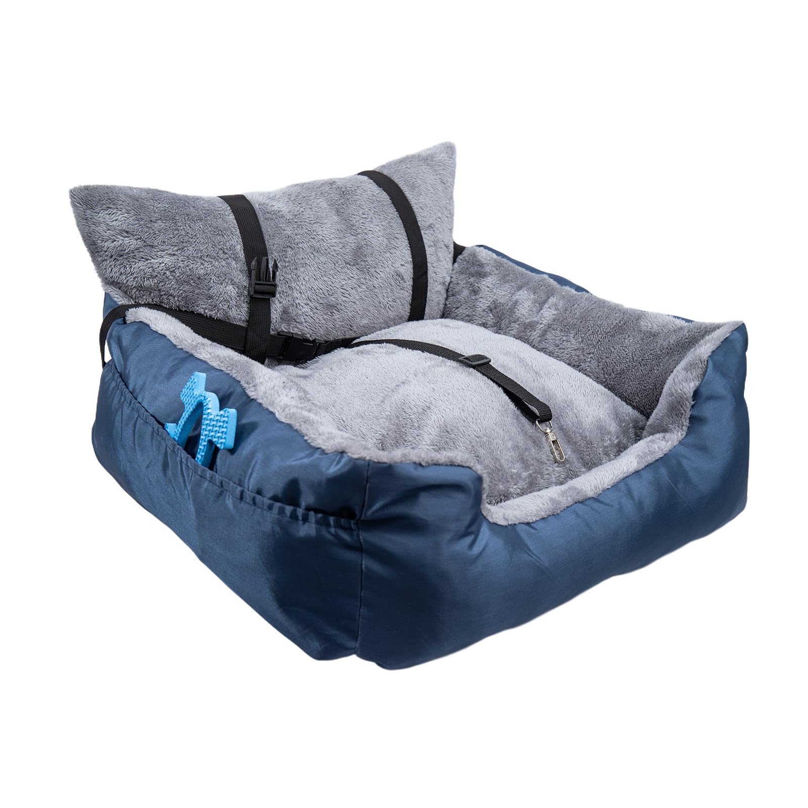 Plush Dog Car Seat for Small Dogs & Cats, Comfortable Pet Car Seat with Safety Leash & Non-Slip Base, Car Seat Bed with Storage Pocket, Soft Secure Small Dog (Style1-Blue, One Size)