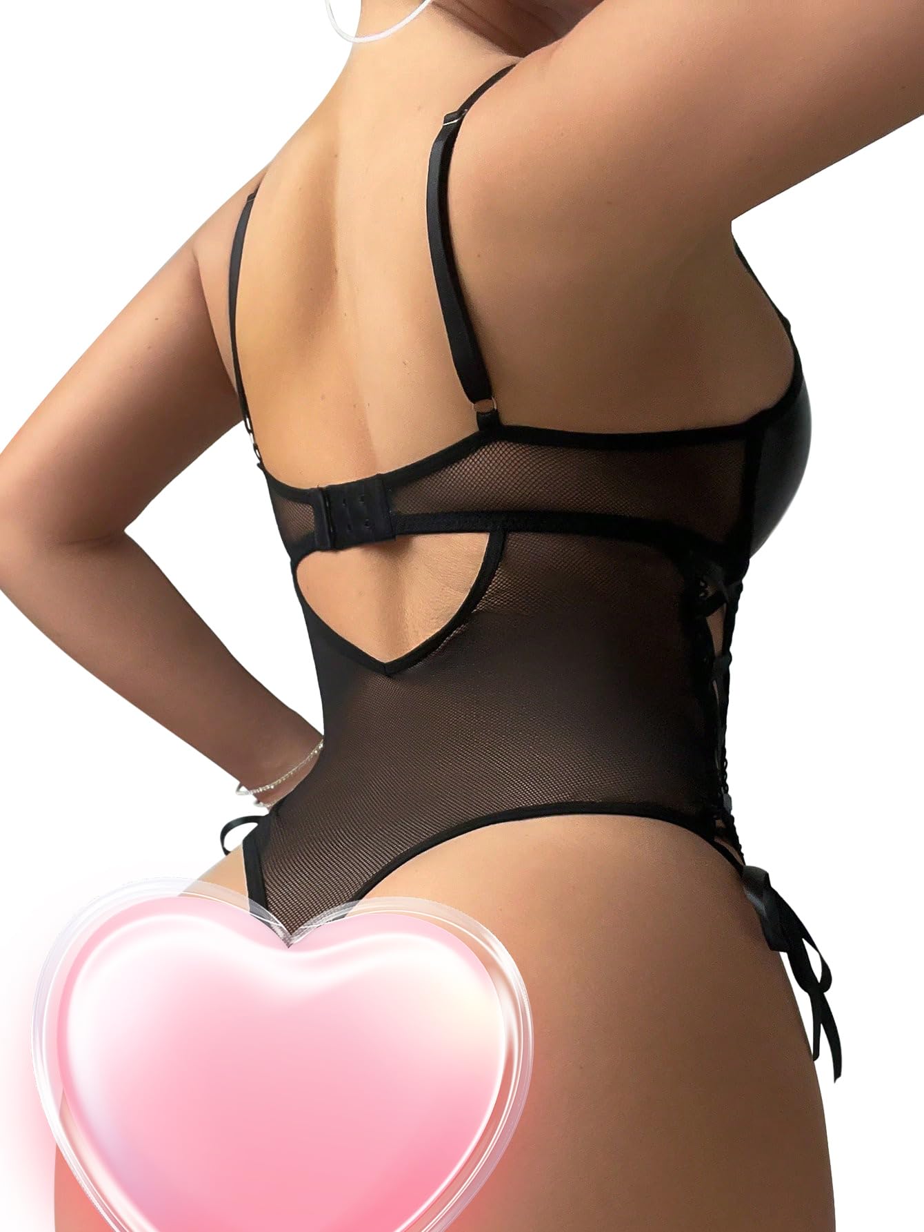 Foxiny Sexy Strappy Lace Up Underwire Sheer Leather Garter Belt Teddy Bodysuit Lingerie Top 2 Piece Set: Small Black