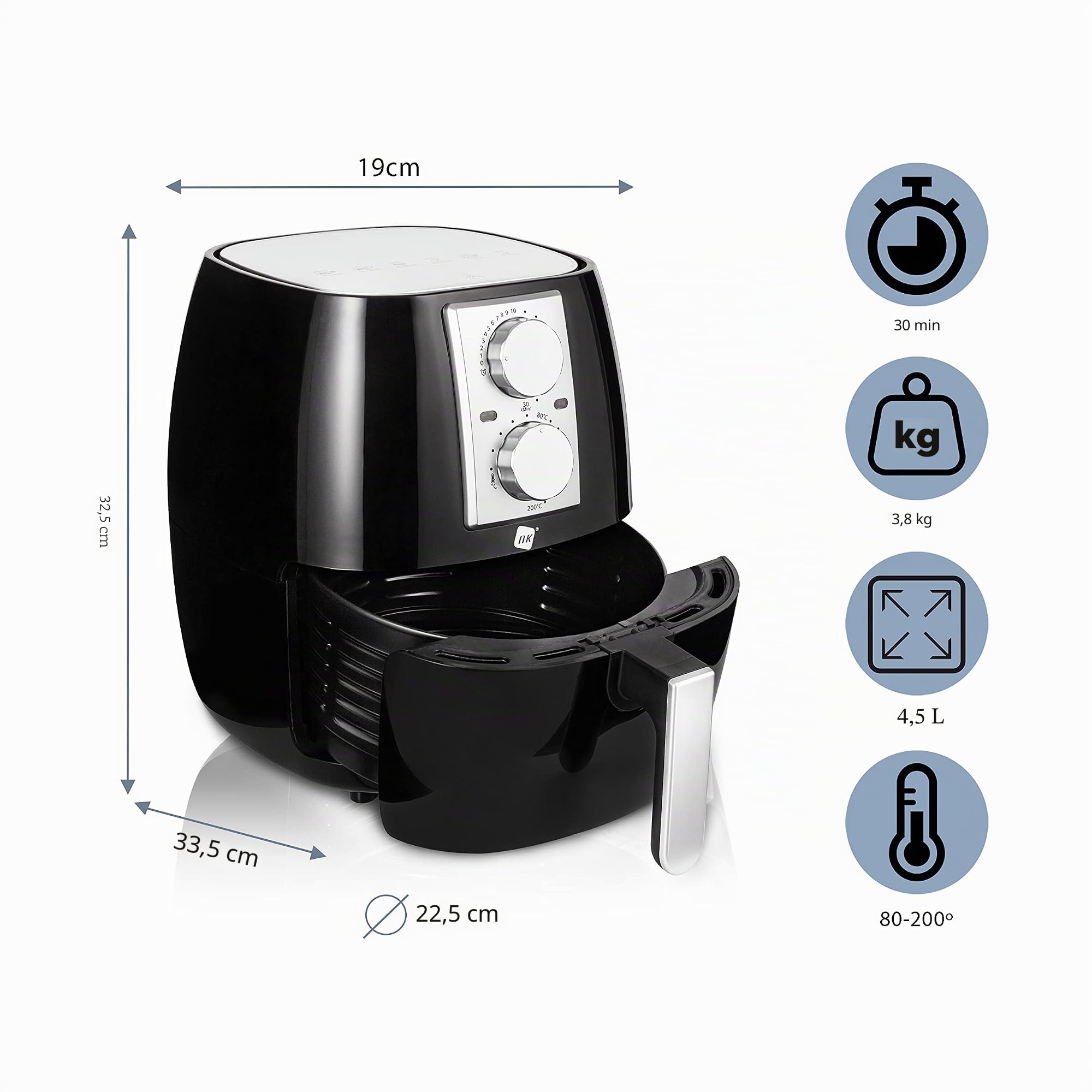 NK Freidora Mecánica sin Aceite 4,5L - Airfryer Caliente XL, Fácil de Usar, 6 Programas, 1500W, Temperatura Regulable hasta 200ºC (Libro de Recetas Digital ESP/EN) - Compatible con Lavavajillas