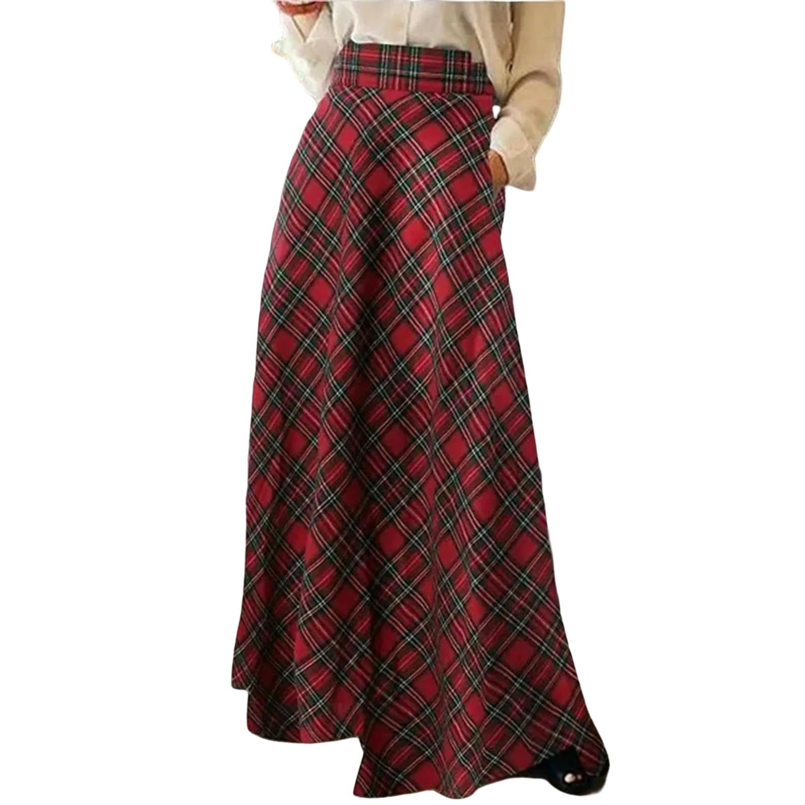 Langer Rock Damen Plus Size Vintage Plaid-röcke, Dick, Warm, Elegant, A-Linie, Rock, Lässig, Karierte Röcke-rot-XXL
