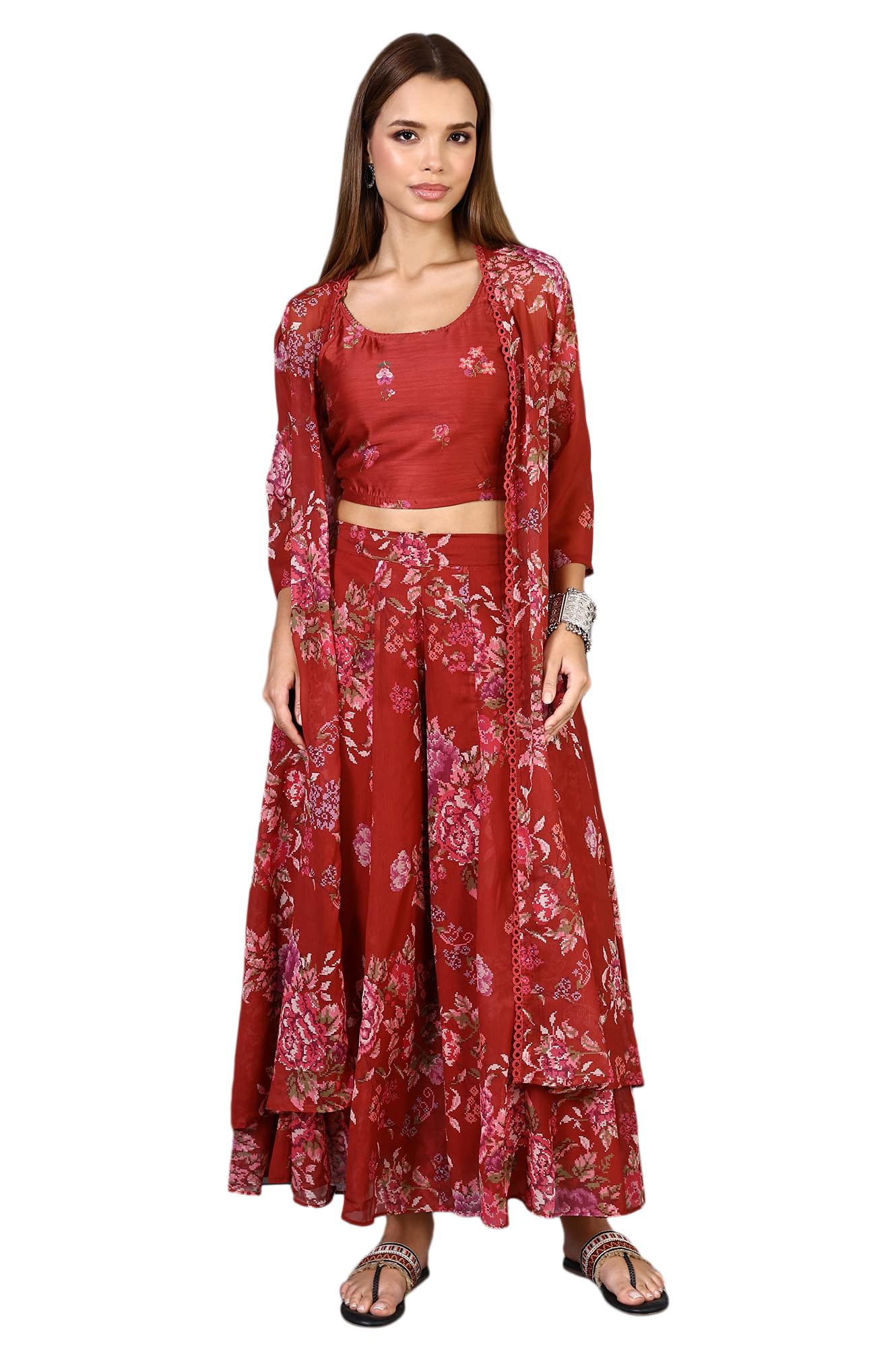 Yellow Floral Printed Tiered Dress and Dupatta Set