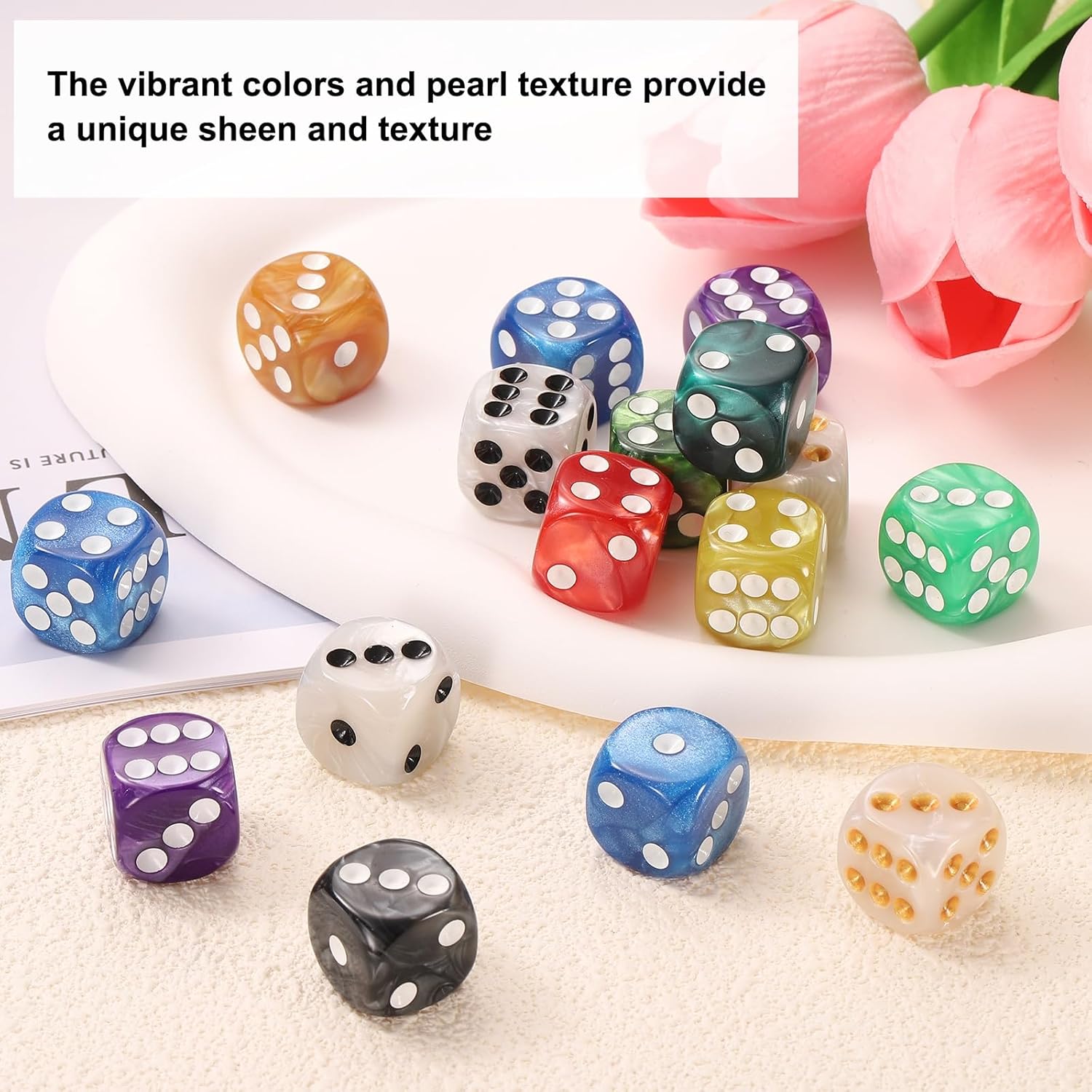 12mm Polyhedral Dice, Square Acrylic 6 Sided Pearl Pattern Dice with Plastic Box Perfect for Board Games, Table Game & Classroom Teaching (White, 36pcs)