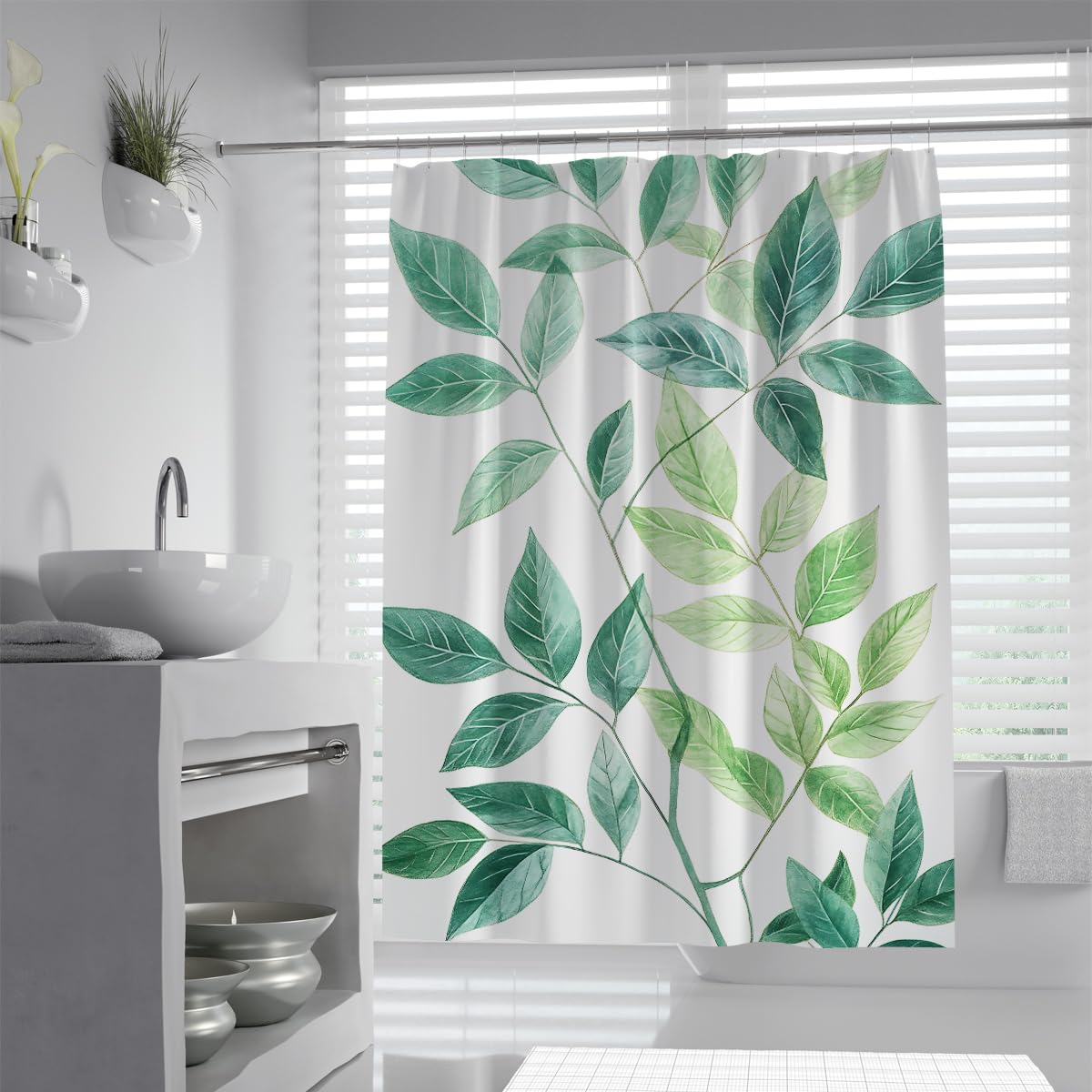 UIRINGART Elegant Sage Greenery Foliage Bush Shower Curtain W100xL200cm Botanical Watercolor Leaves Polyester Waterproof Mildew Resistant Bath Curtains Rustproof Grommets