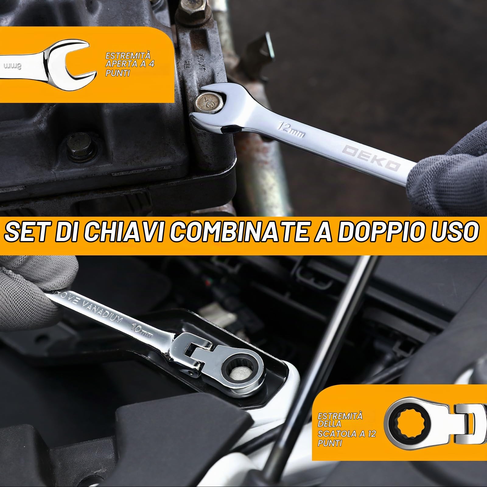 DEKOPRO Set Chiavi a Cricchetto 12 Pezzi, Metrico 8-19mm, Chiavi Inglesi Combinate con Testa Rotante 180°, Attrezzi da Lavoro in Acciaio al Cromo Vanadio per Auto, Bici, Fai da Te