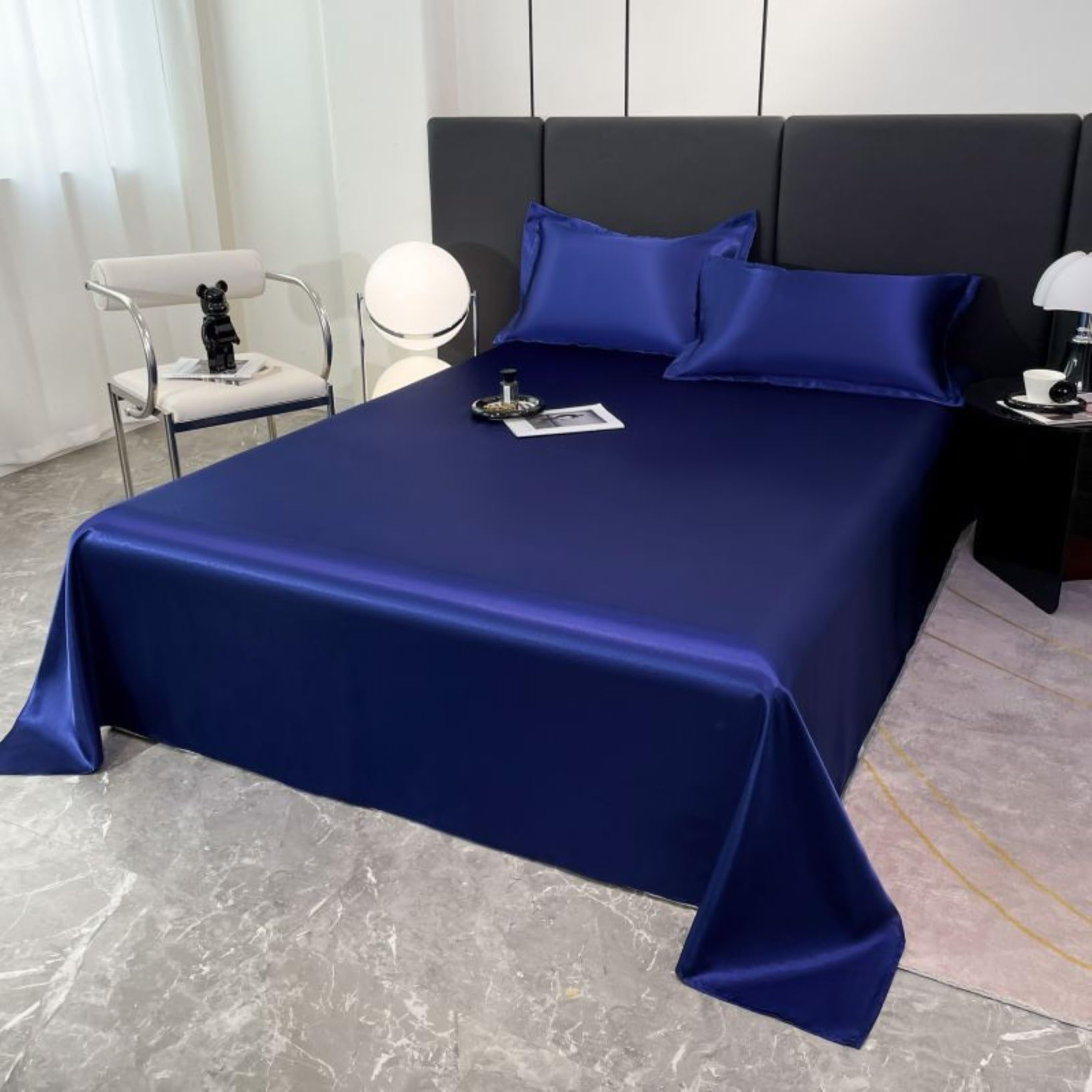 Juego Sábanas Satén Seda,Sábanas Satén Suaves Y Sedosas,Sábanas Satén Suaves Y Refrescantes For El Cabello Y La Piel,Regalos For Mujeres(Deep Navy,230 * 250cm No Pillowcase)
