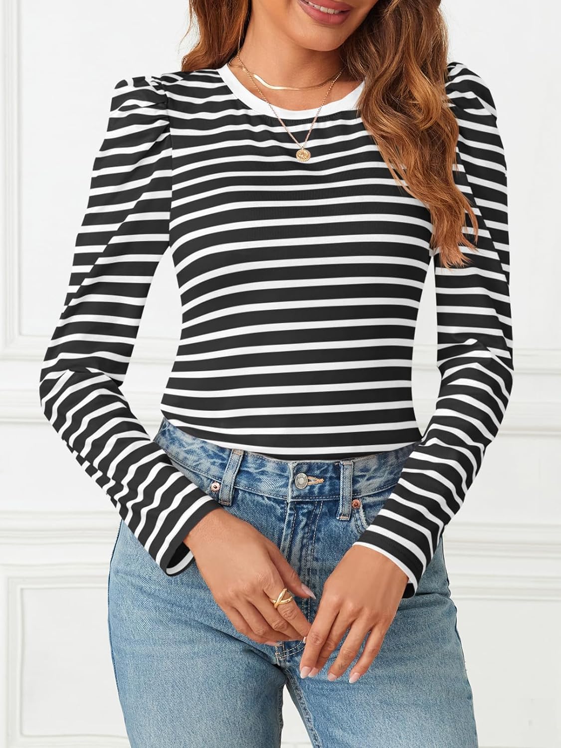 MEROKEETY Women's Puff Long Sleeve Striped Tops Crew Neck 2025 Fall Casual Knit Basic Tee Shirts - Image 2