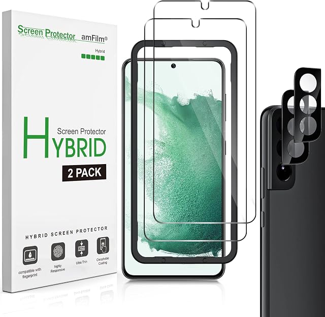 amFilm 4 Pack Screen Protector for Samsung Galaxy S22 5G 6.1 Inch, 2 Pack Hybrid Screen Protector & 2 Pack Camera Lens Protector, Easy Installation Tray [100% Fingerprint ID Compatible] Bubble Free