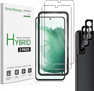 amFilm (2+2 Packs) 2 Pack Hybrid Screen Protector Compatible with Samsung Galaxy S22 5G 6.1 Inch and 2 Pack Tempered Glass Camera Lens Protector, Fingerprint ID Compatible, HD Clear with Easy Installation Tray