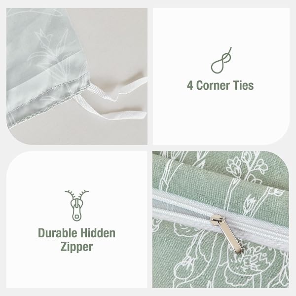 Tokokimo Sage Green Double Duvet Set - Double Bedding Set, Floral Bedding Double Bed Set with 2 Pillowcases, Soft Microfiber Double Duvet Cover 200x200 cm - 4