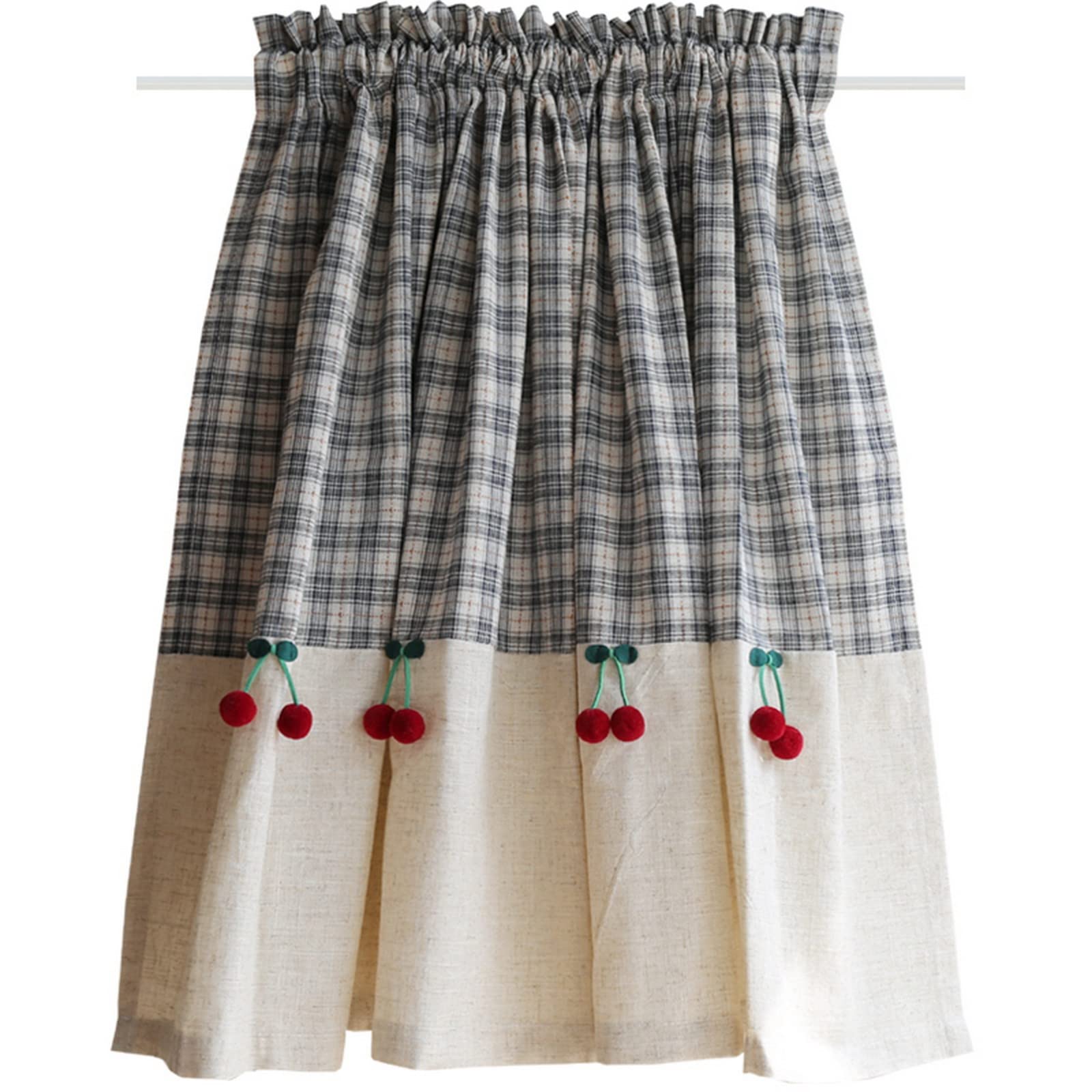Tenda corta da cucina per piccole finestre rustica ciliegia a scacchi lino cotone opaco tessuto con risvolto mantovana a disco tasca per asta stile bistrot arredamento fattoria