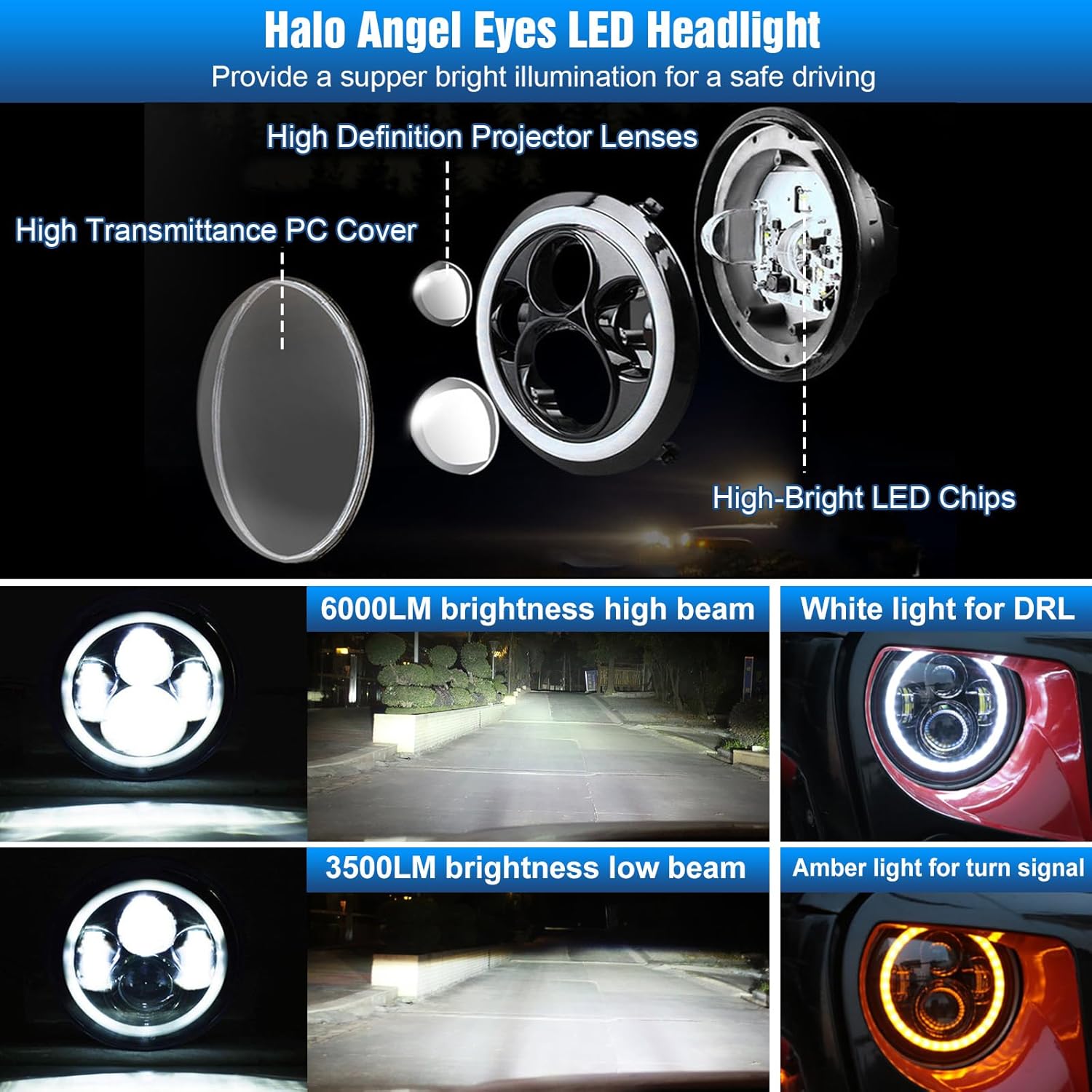Moclever 7 Inch LED Headlights with Halo, 2PCS 6000LM Round LED Headlamp for Jeep Wrangler TJ JK CJ, Angel Eyes DRL & Turn Signal, H4 to H13 Adapter Plug and Play