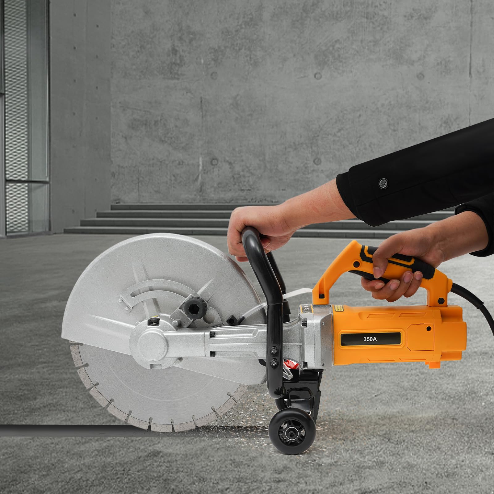 Sierra eléctrica para hormigón de 3000 W, con función de corte en seco y húmedo, con refrigeración por agua, equipada con una hoja de sierra de 350 mm, especialmente diseñada para cortar hormigón