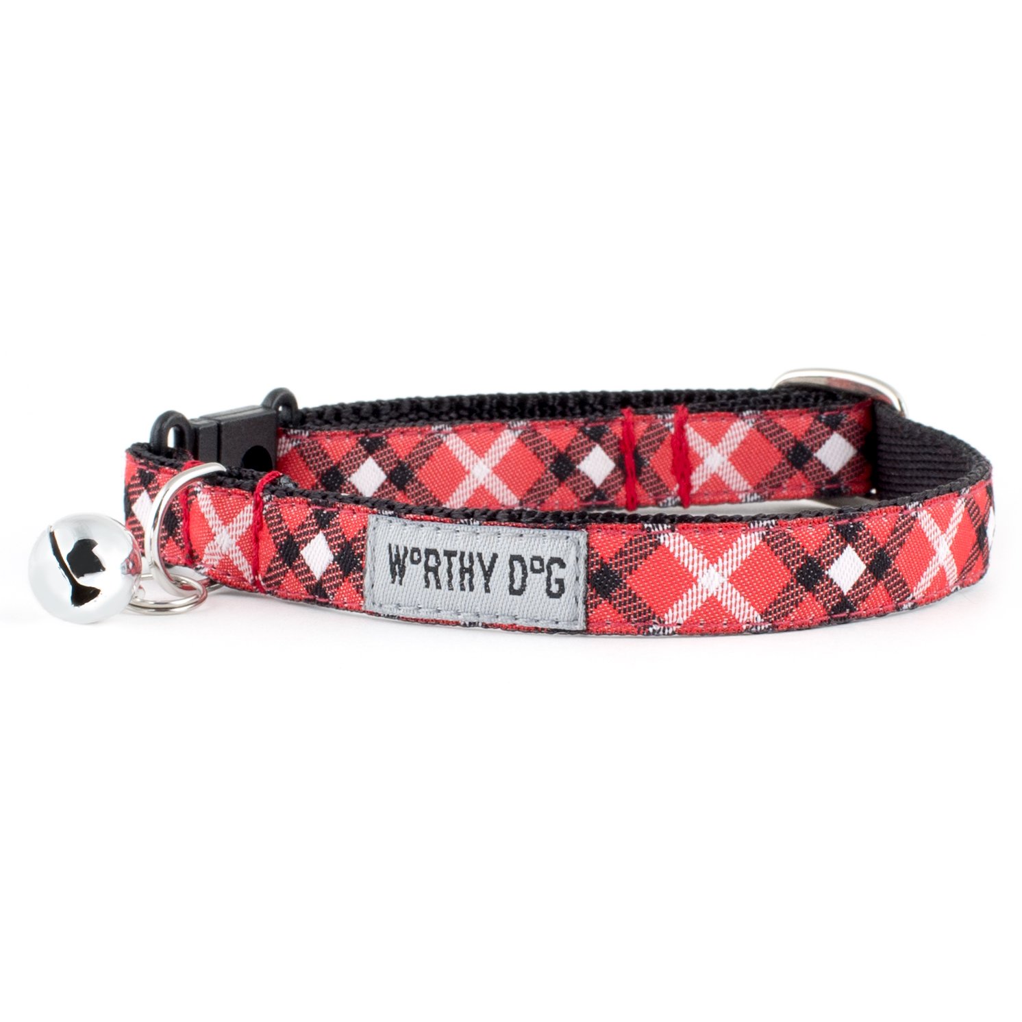 THE WORTHY DOG Patterned Bias Plaid Cat Collar with Bell, Adjustable Nylon Safety Collar, Red, One Size