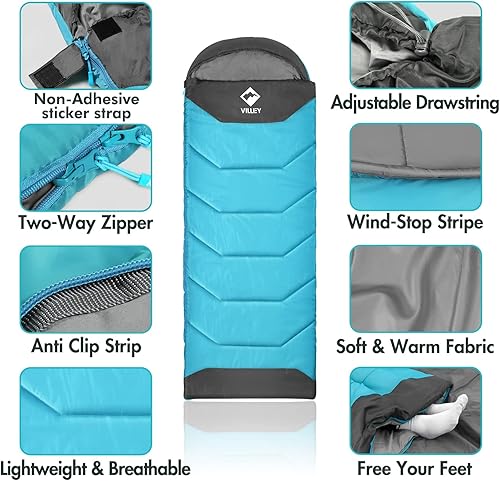 Miniatura 3 de VILLEY Saco de dormir de camping para adultos, niños y niñas, saco de dormir ligero y compacto para exteriores, viajes, senderismo
