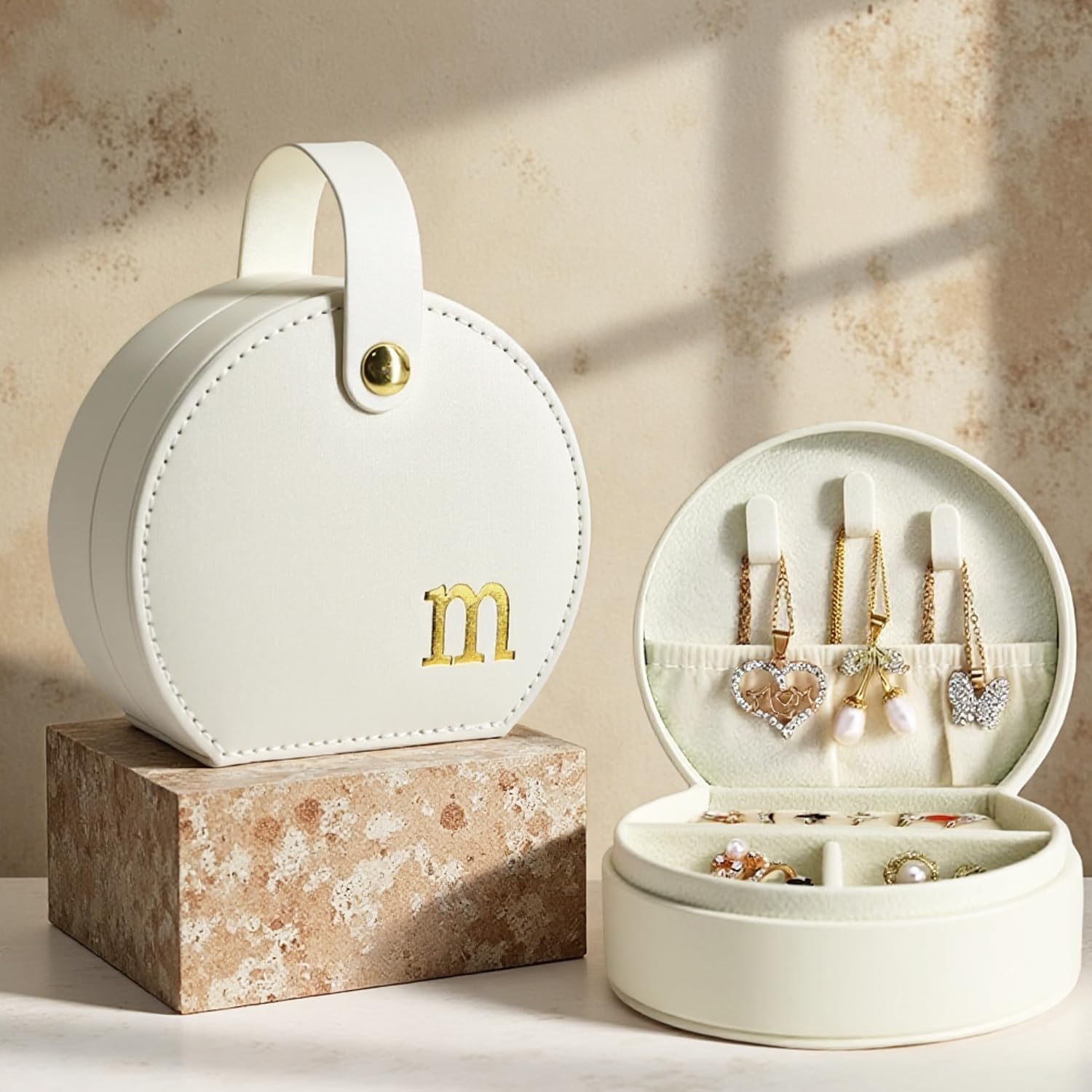 COLLECTIVE HOME - Travel Jewelry Case, Elegant Half-Moon Design with Gold Monogram, Detachable Handle, Personalized Accessory Organizer, Gift for Fashion-Forward Women and Teens (m)