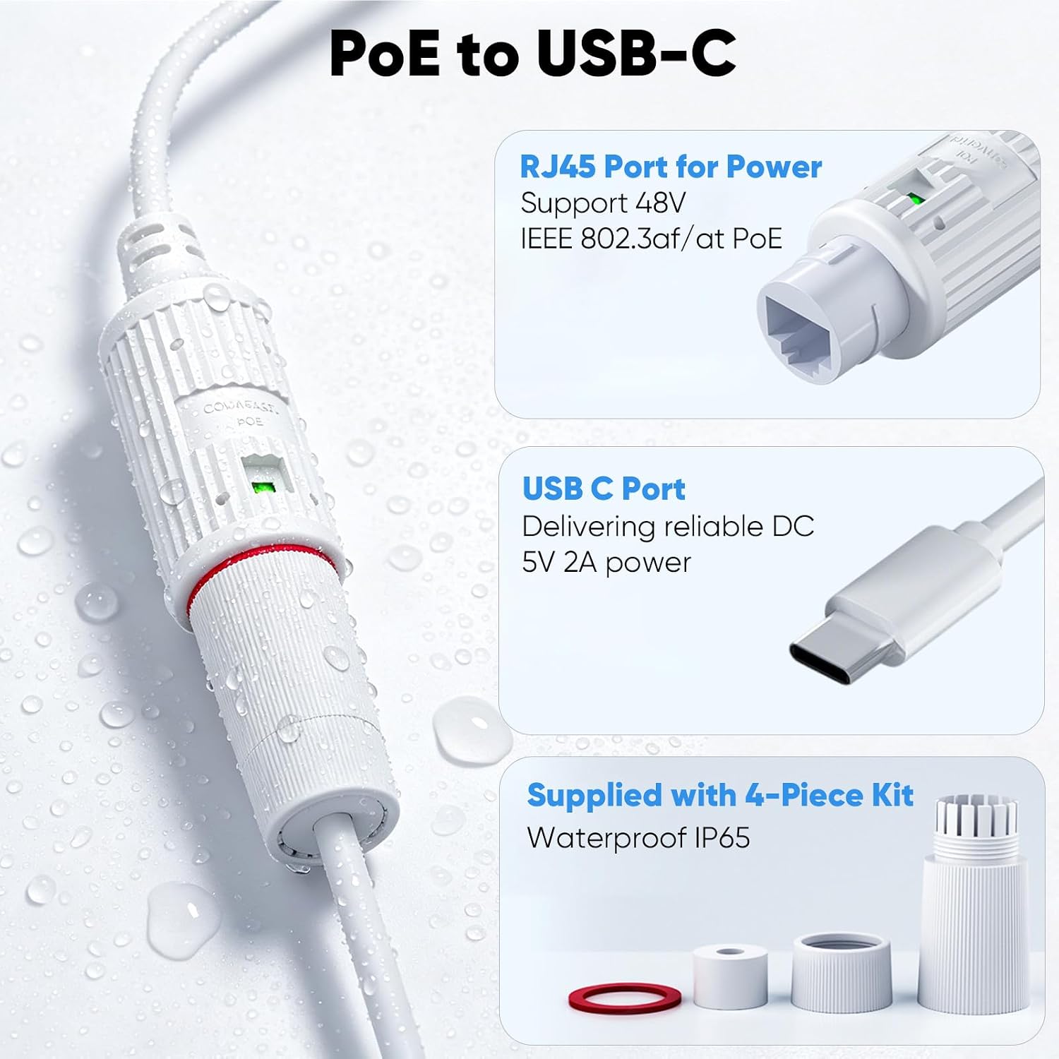 PoE to USB C Power Converter Adapter-IP65（Power Only-No Data） | IP65 Waterproof,8V IEEE 802.3af/at PoE to 5V 2A USB-C Power Output, Power Only for Security Camera, LED Strip,Gateway