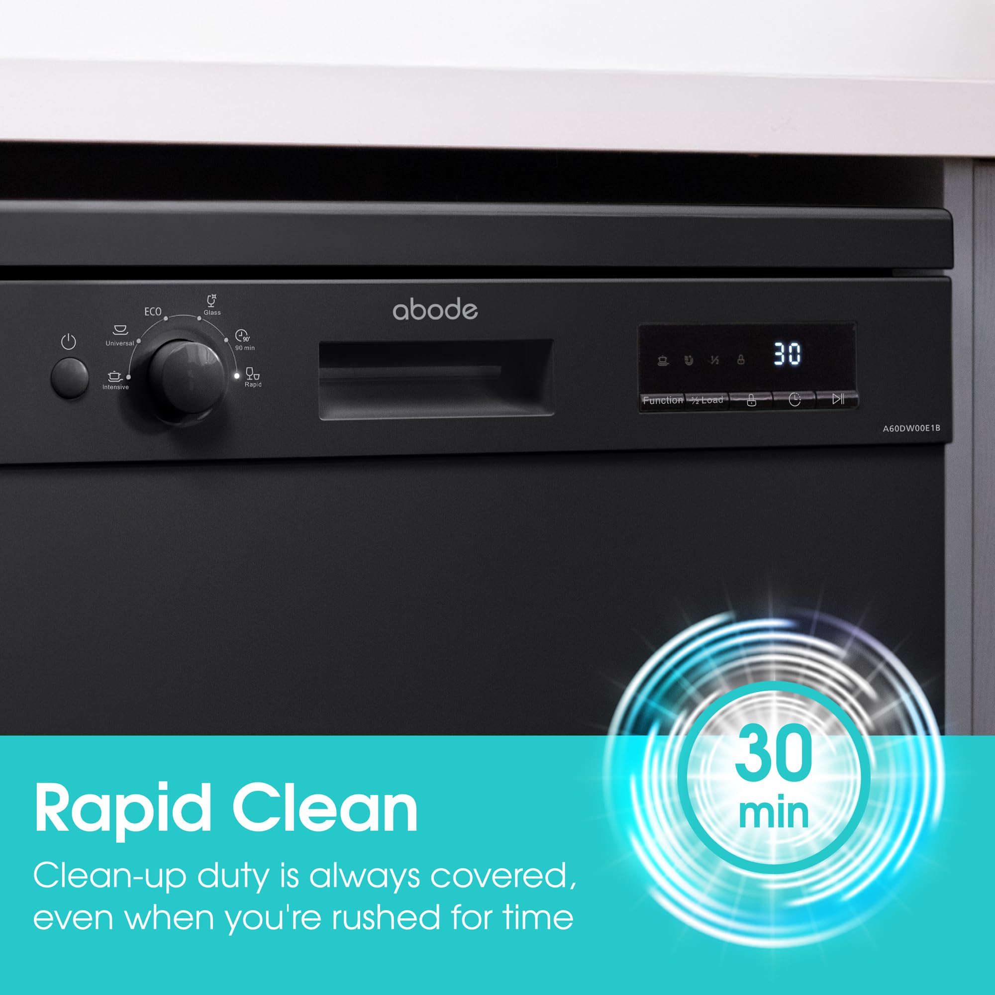 Abode Freestanding Dishwasher Class E with 12 Place Settings, 6 Wash Programs, 24-Hour Delay Start, Removable Cutlery Basket & Deep Clean Function in Black A60DW00E1B — view 7