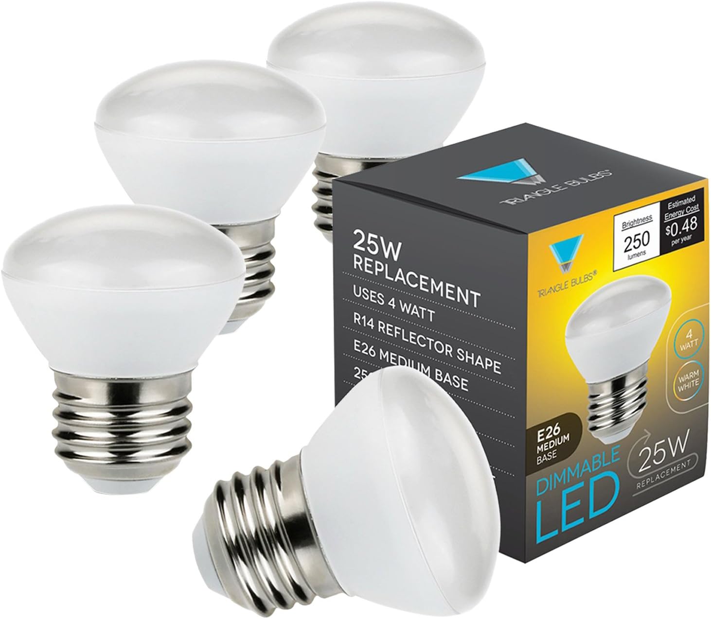 TriGlow T90201-4 LED 4-Watt Dimmable R14 Mini Reflector, 25W Equivalent, E26 Medium Base Light Bulbs, 4-Pack