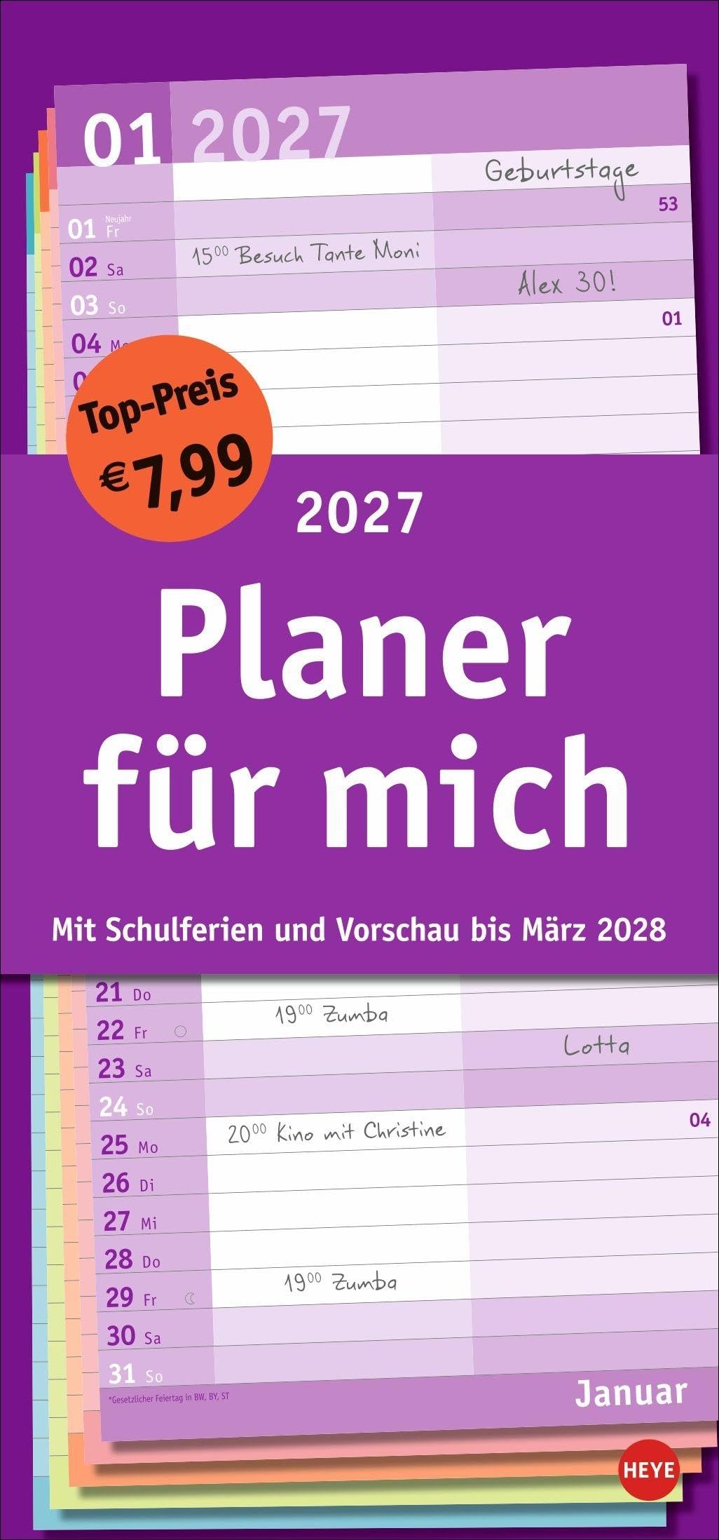 Basic Planer für mich 2027: Praktischer Wandplaner mit 2 Spalten. Wandkalender mit Schulferien und 3-Monats-Ausblick aufs Folgejahr. Terminkalender 2027 zum Eintragen.