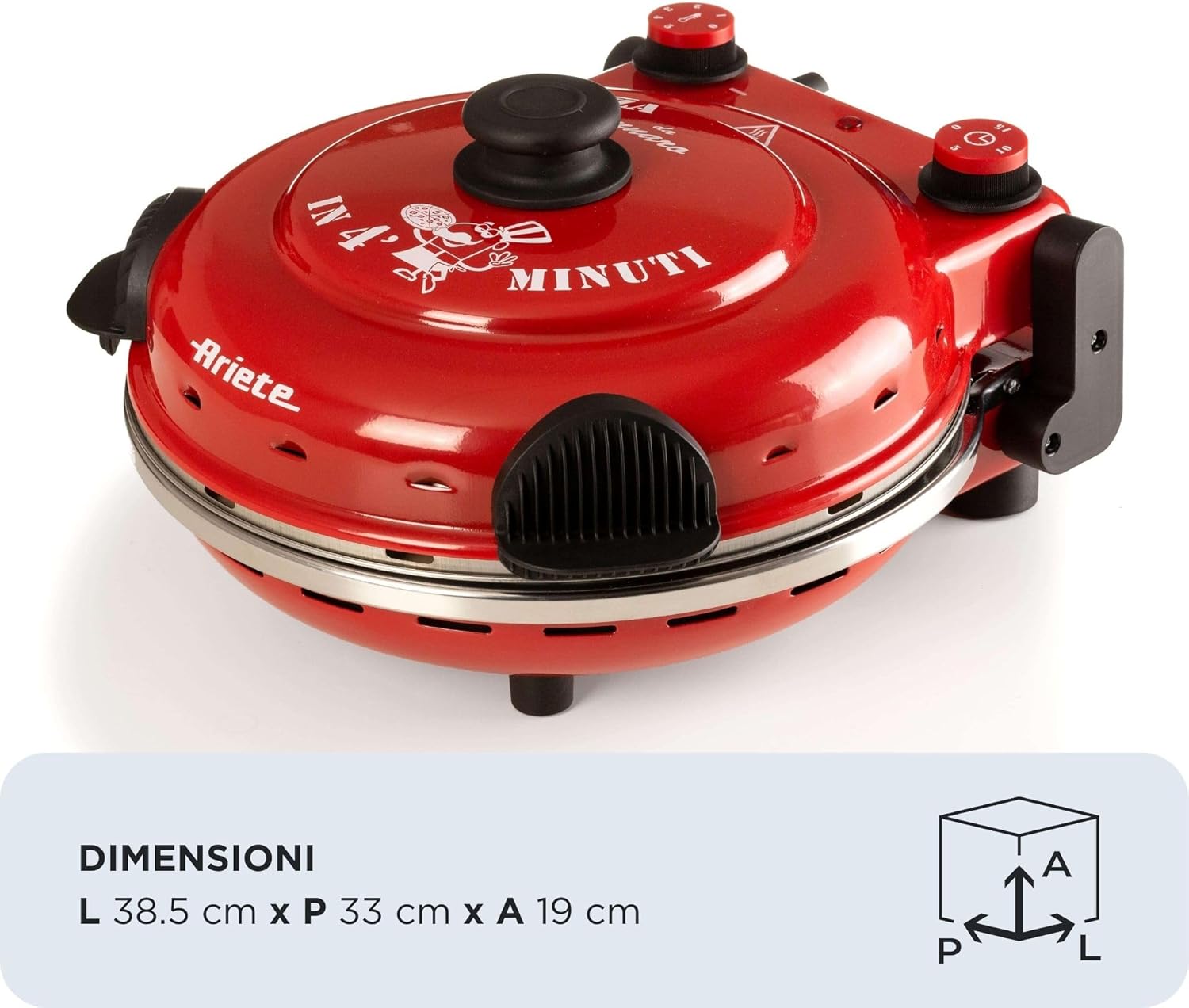 Superiore view of Ariete Pizza Oven Model 919 showing the control knobs and 'Pizza in 4 minutes' text.