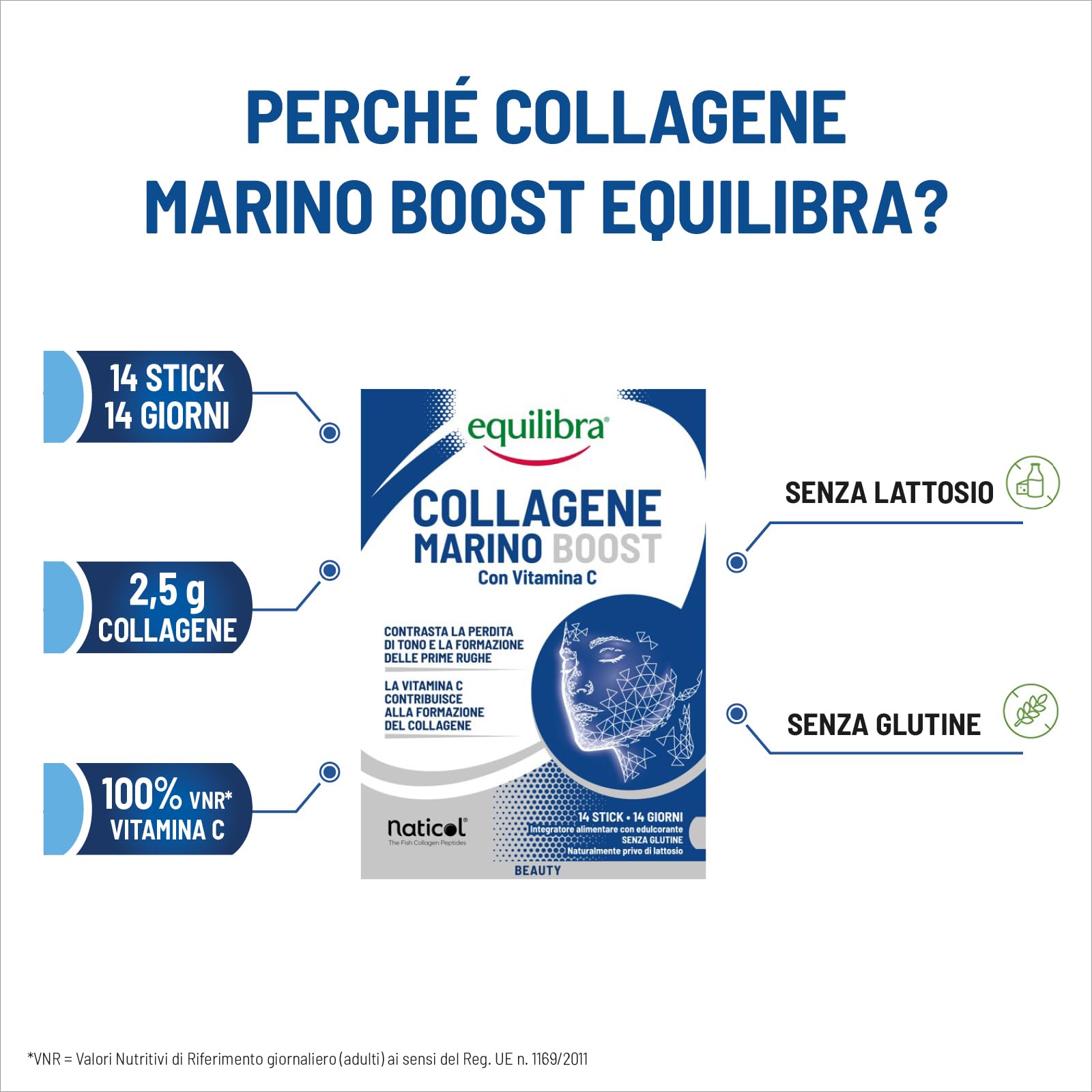 Equilibra, Collagene Marino Boost Idrolizzato Naticol®, 14 Stick Monodose, 2500 mg Collagene per Dose, 80 mg Vitamina C per Dose, Collagene Tipo I e III, Mantenimento del Tono, Elasticità della Pelle