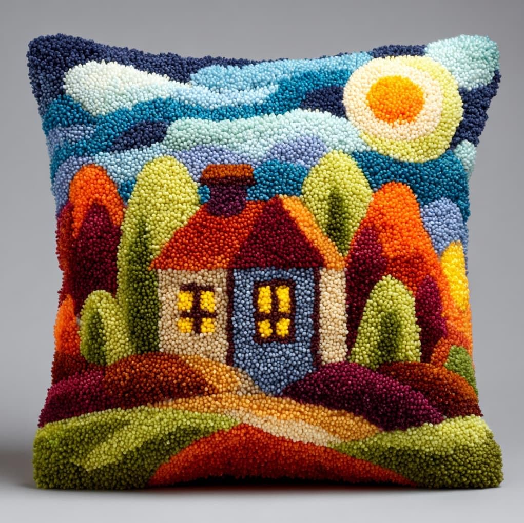 WallustrioaW Latch Hook Pillow Case Kits,Cartoon House in the Forest
