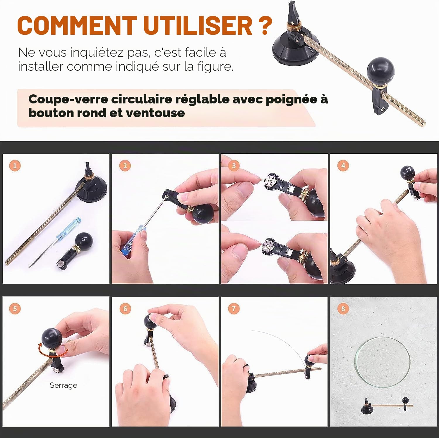 Coupe-Verre Circulaire avec Ventouse Outils de Coupe, Diamant Coupe Diamètre du Cercle 400 mm pour Amateurs Coupeurs de Verre Professionnels