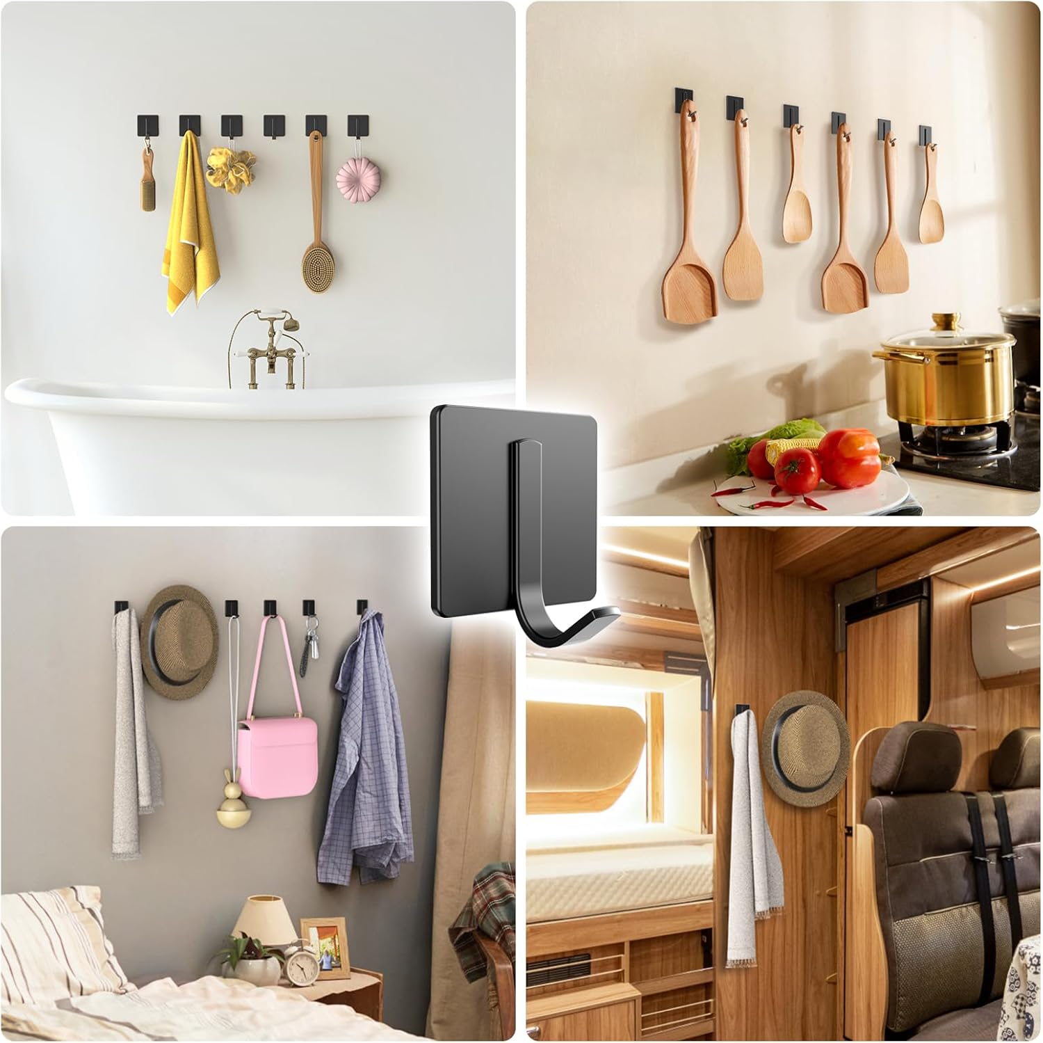 Batur 6 Packs Wall Hooks, Improved Adhesive Hooks for Hanging Towel, Coat, Clothes, Stainless Steel Towel Holder, Towel Hooks for Bathroom, Closet, Kitchen, Bedroom, Black