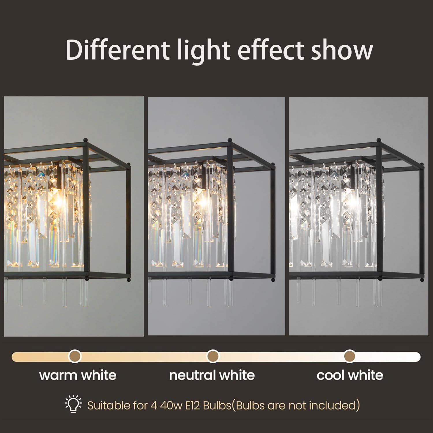 Modern Rectangular Crystal Chandelier, 51 inch Square Industrial Farmhouse Chandelier Black Metal Crystal Pendant Light for Dining Room Kitchen Island Living Room Bedroom