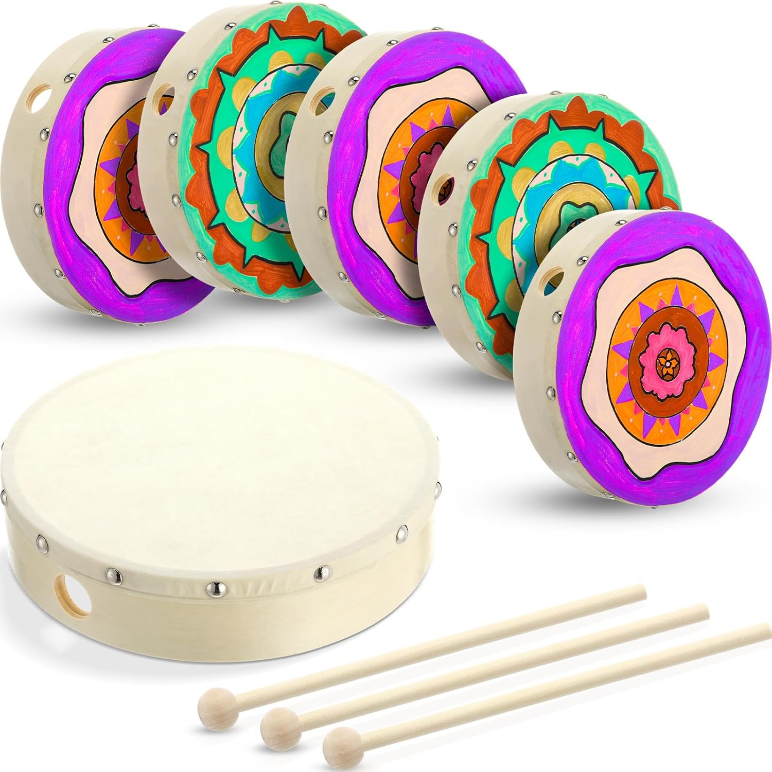 6 Pack 8 Inches Hand Drum Goatskin Drumhead DIY Handpan Wood Frame Drum with Beater Stick for Adults