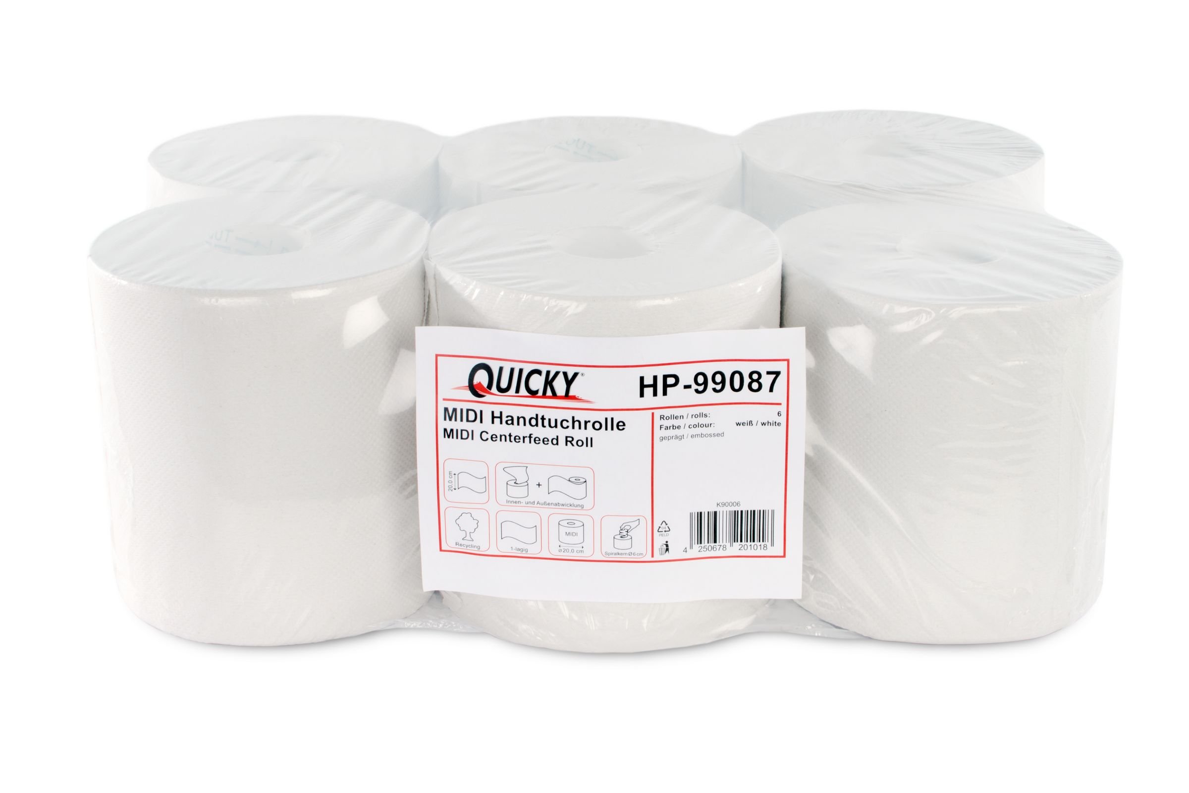 Quicky rolka na ręczniki, zawijanie wewnętrzne 20 cm, 1-warstwowa, z recyklingu biała, 1 opakowanie (1 x 6 sztuk)