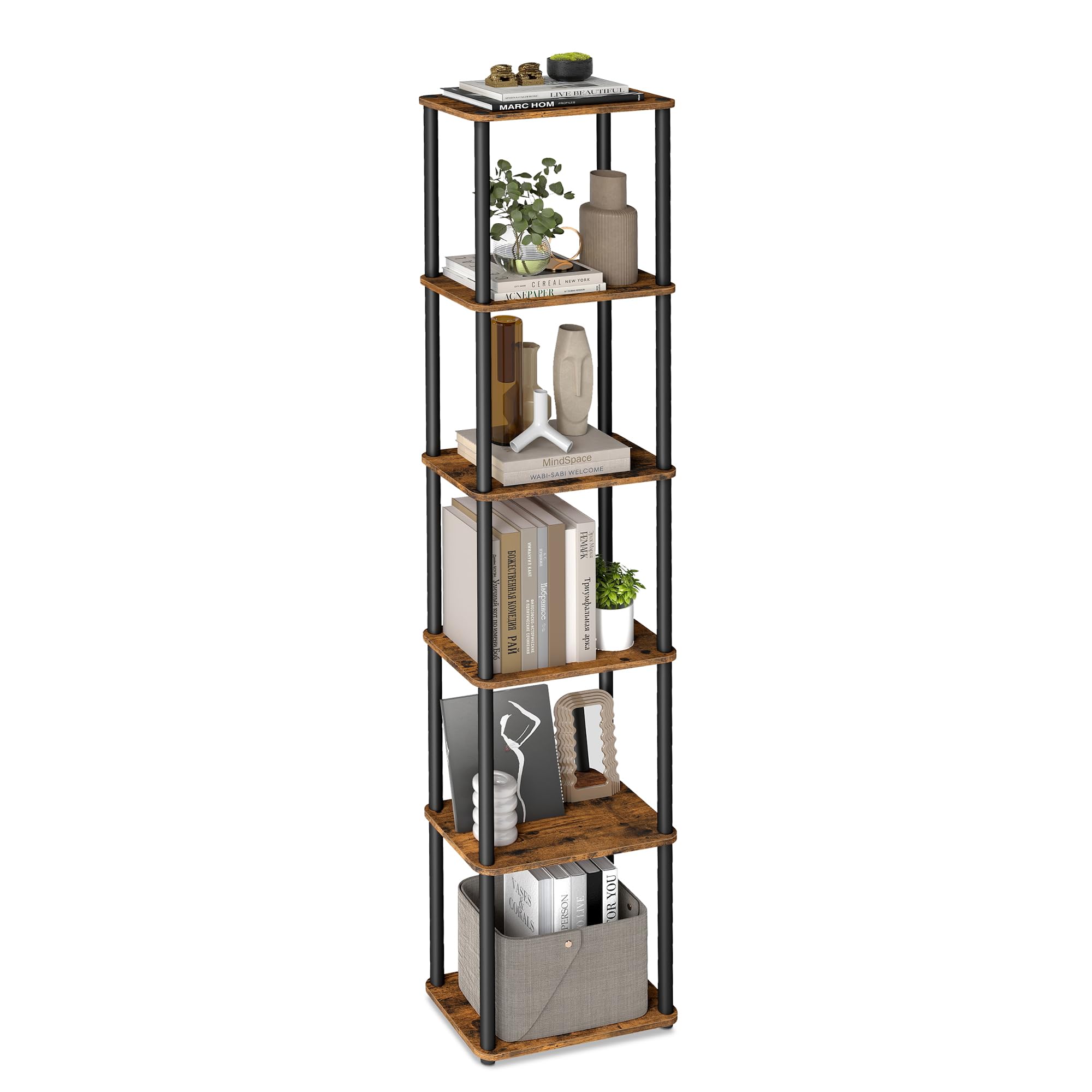 VASAGLE Superfast Toolless Assembly, 6-Tier Storage Shelf, Standing Shelving Unit, 38 x 23.8 x 173.4 cm, Living Room, Bedroom, Kitchen, Rustic Brown and Ink Black LLS136K01
