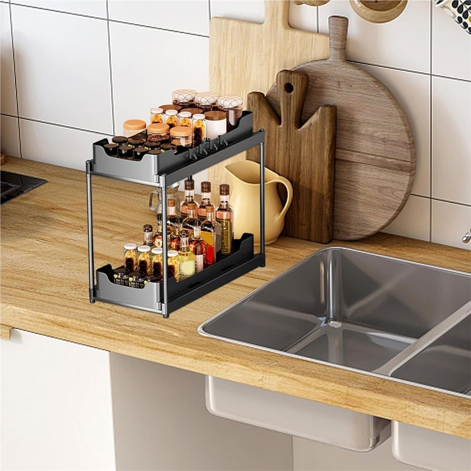 Pantr - Mensola portaoggetti a 2 ripiani con cassetti scorrevoli, per cucina e bagno, soluzione salvaspazio multifunzionale