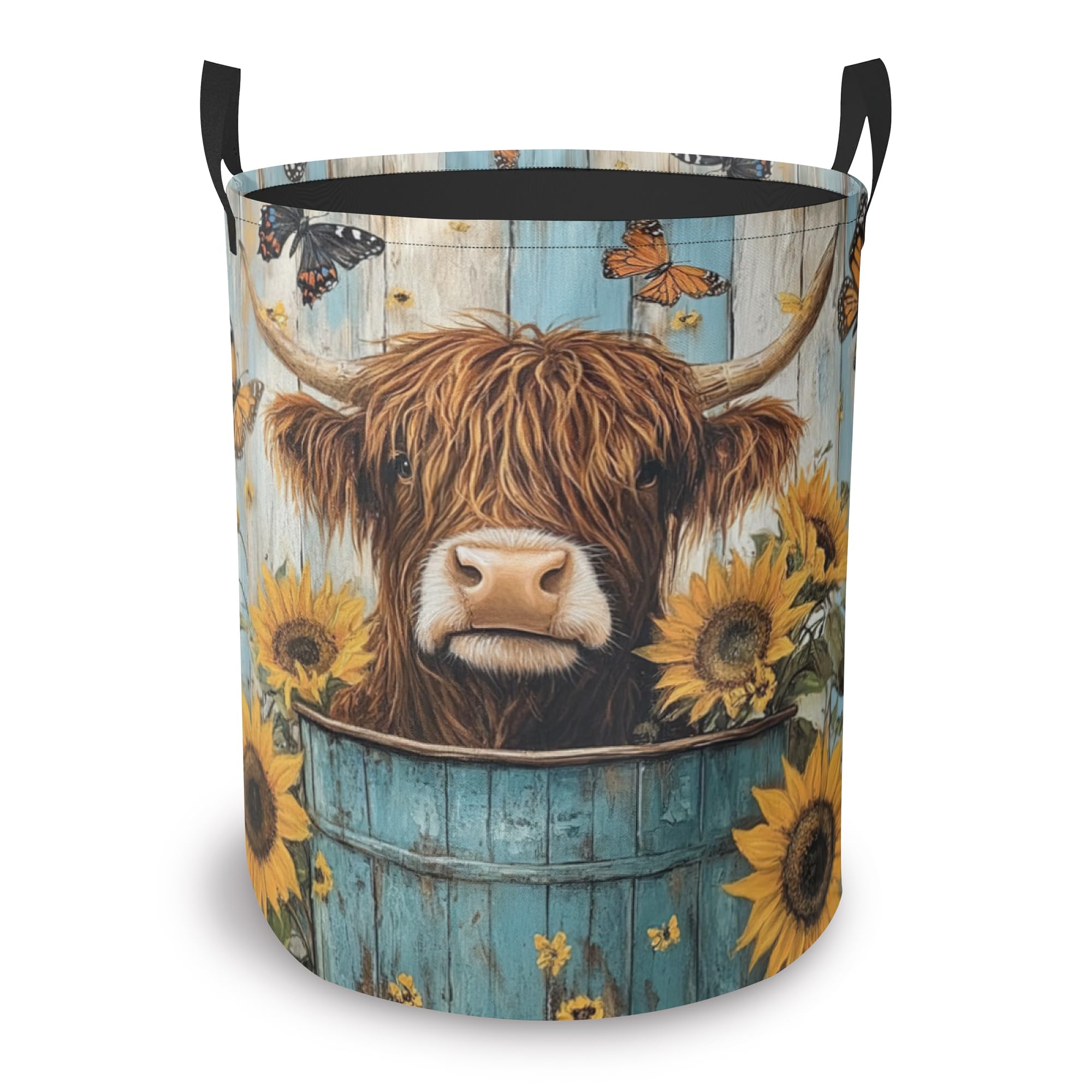 Cute Highland Cattle Laundry Basket,Flowers Large Canvas Fabric Lightweight Storage Organizer Dirty Clothes Collapsible Waterproof for College Dorms,Bathroom