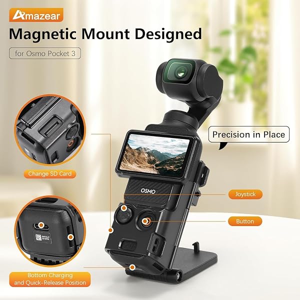 AMAZEAR Support magnétique pour DJI Osmo Pocket 4/3, Accessoire Pocket4/3, Adaptateur d'extension magnétique, Support de boîtier à succion Aimant sur Bureau, Surface Verticale, Ajustable à 180° - 2