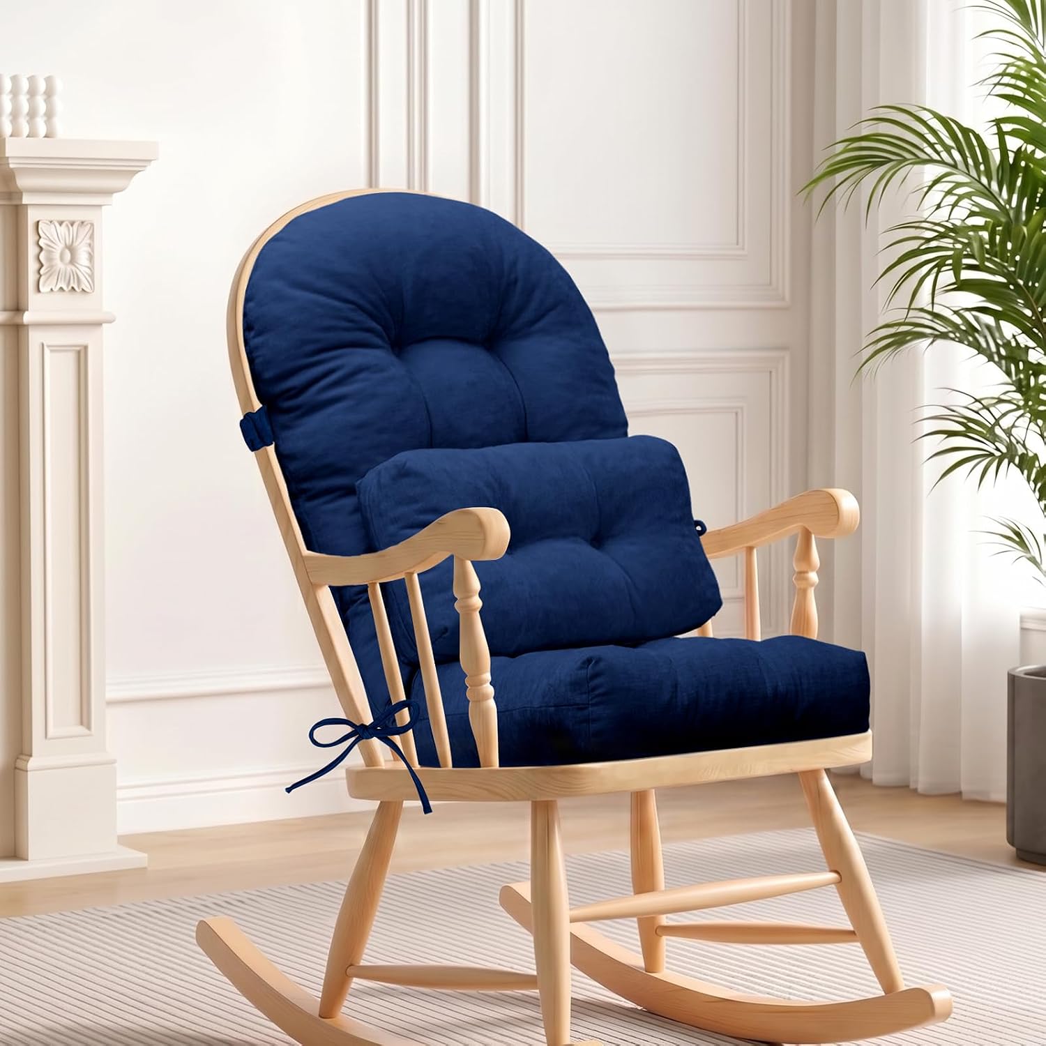 Rocking Chair Cushion with 2-in-1 Neck & Lumbar Pillow – Soft Tufted Chenille Fabric, Non-Slip, Secure Ties, for Nursery Glider, Adirondack, Indoor Rocker, 44"x19"x4" Seat Pad + Pillow, Deep Blue