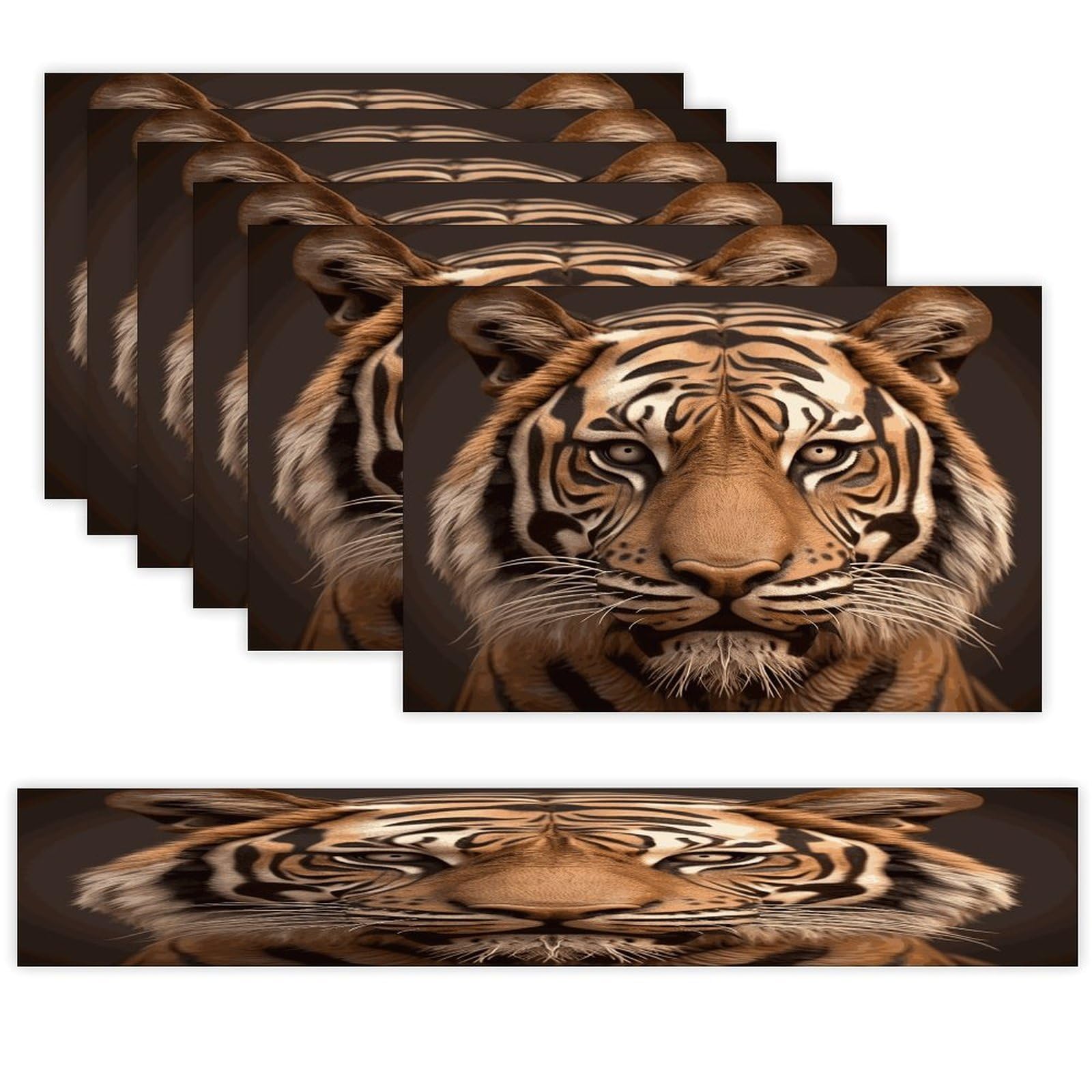 3D Tiger Head Table Runner and Placemats Set of 6 Wipe Clean Heat Resistant Table Mat with Table Runner Decorations Flax Linen Place Mat Set for Home Kitchen Party Supplies