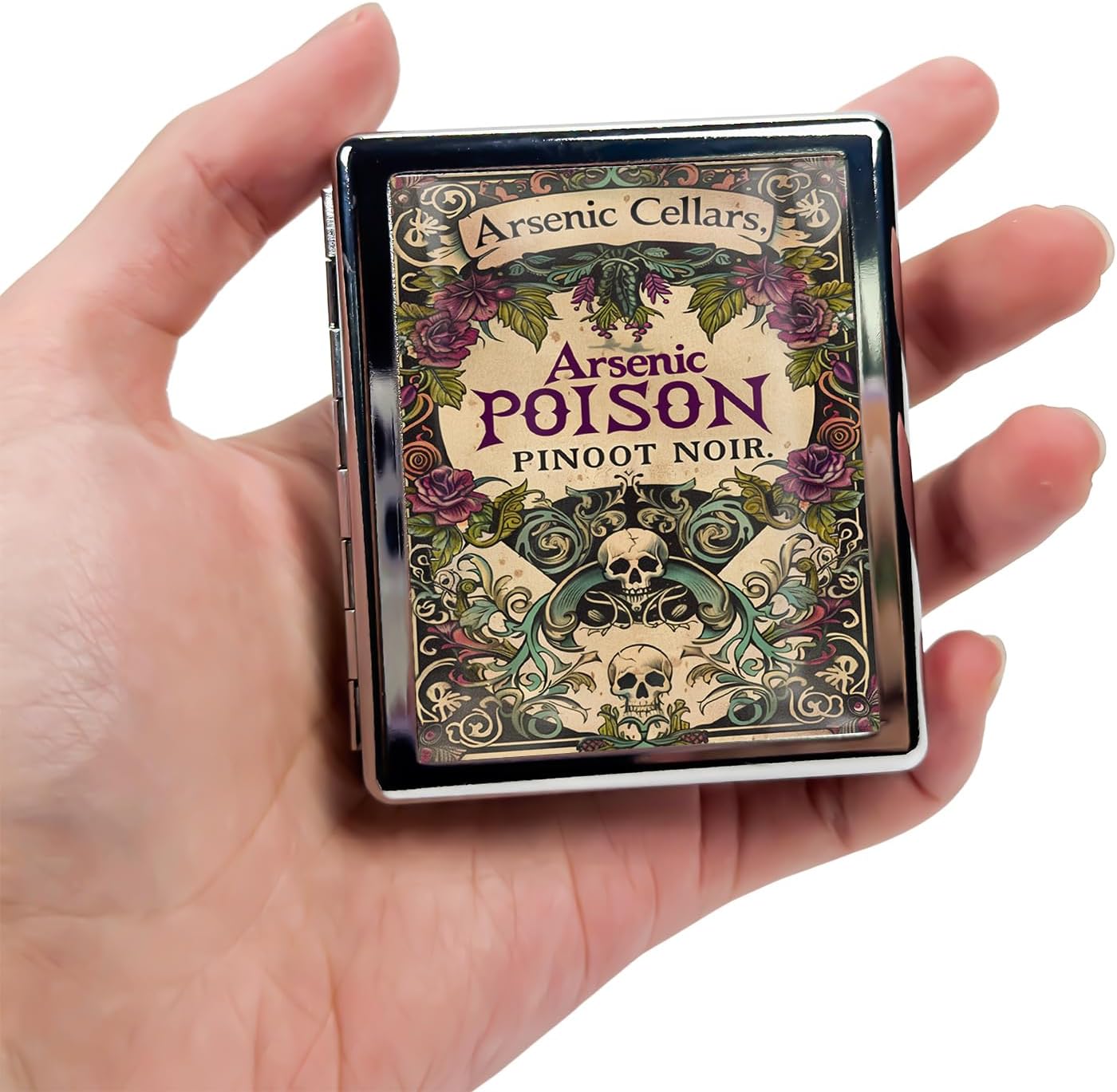 Metal Pill Organizer Box with Mirror – 8 Compartment Chrome Pill Case, Pocket-Size Travel Pill Container for Vitamins, Seniors, Daily Use (Poison Pinot Noir Skull Art)