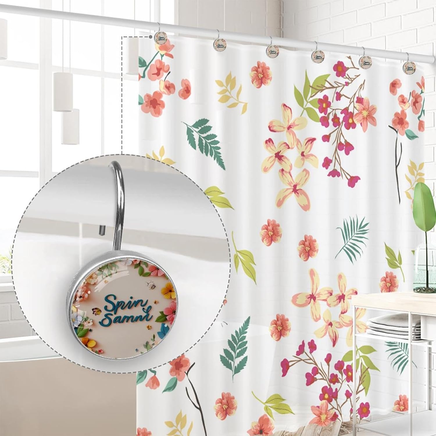 12 Pack Welcome Spring Shower Curtain Hooks, Stainless Steel Decorative Shower Curtain Rings for Bathroom, Rust Proof Shower Curtain Hangers for Curtains Rods