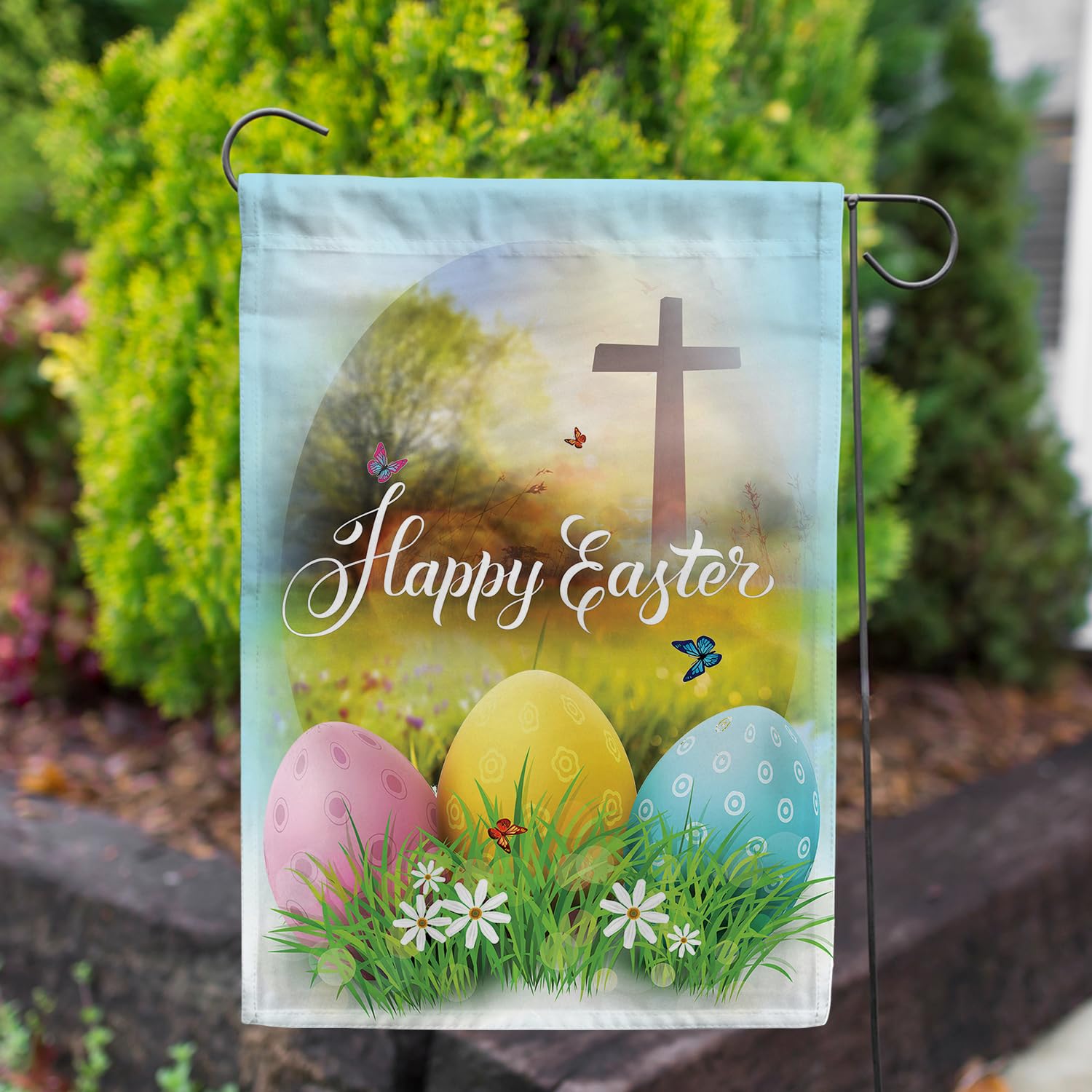 'America Forever Happy Easter' flaga ogrodowa 30 x 45 cm religijny krzyż święta wiosna sezonowe podwórko na zewnątrz dekoracyjne dwustronne jajka wielkanocne flaga ogrodowa