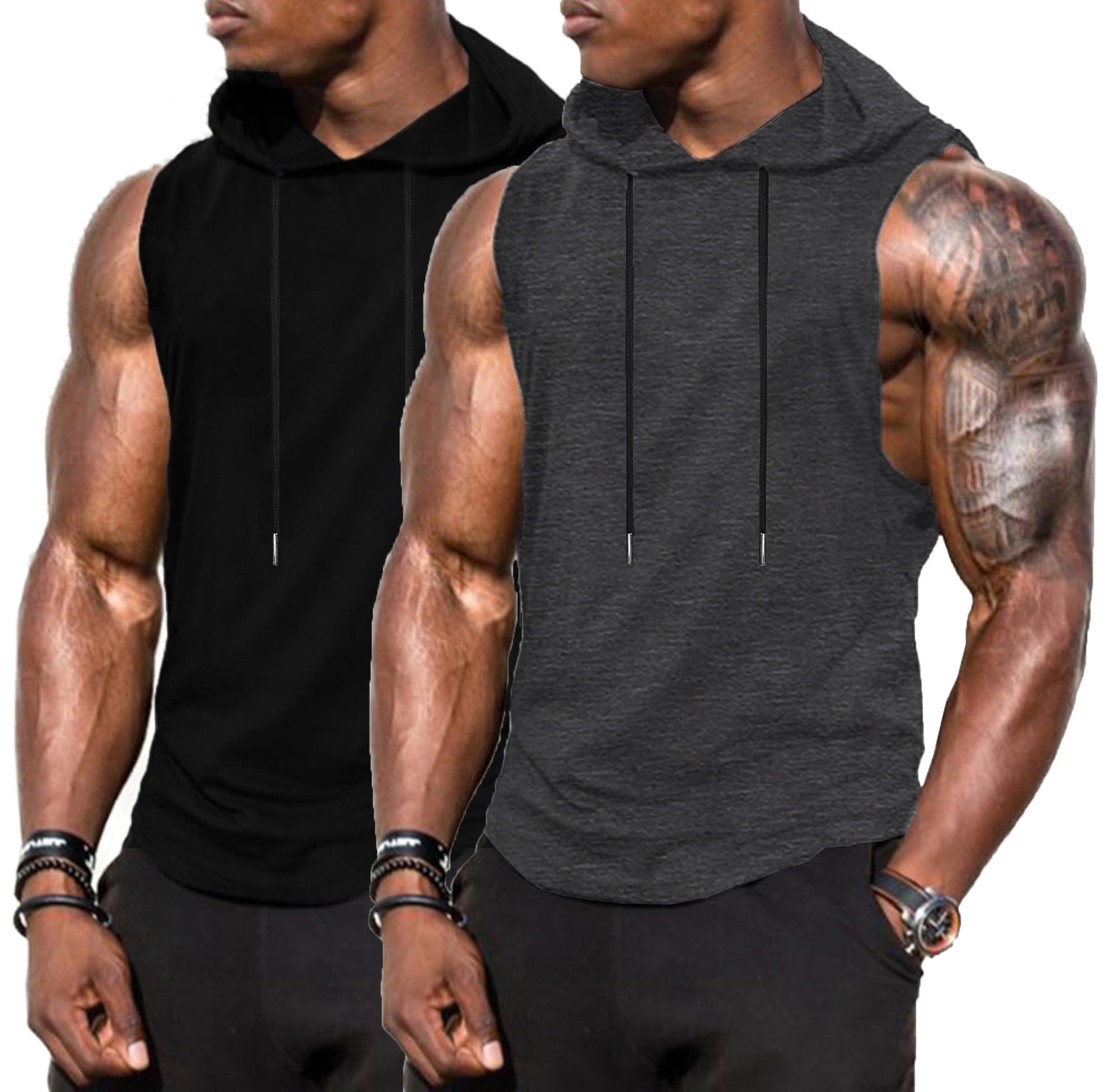 Babioboa Men's Workout Hooded Tank Top 2 Pack Sports Training Sleeveless Gym Hoodie Bodybuilding Cut Off Muscle Shirts