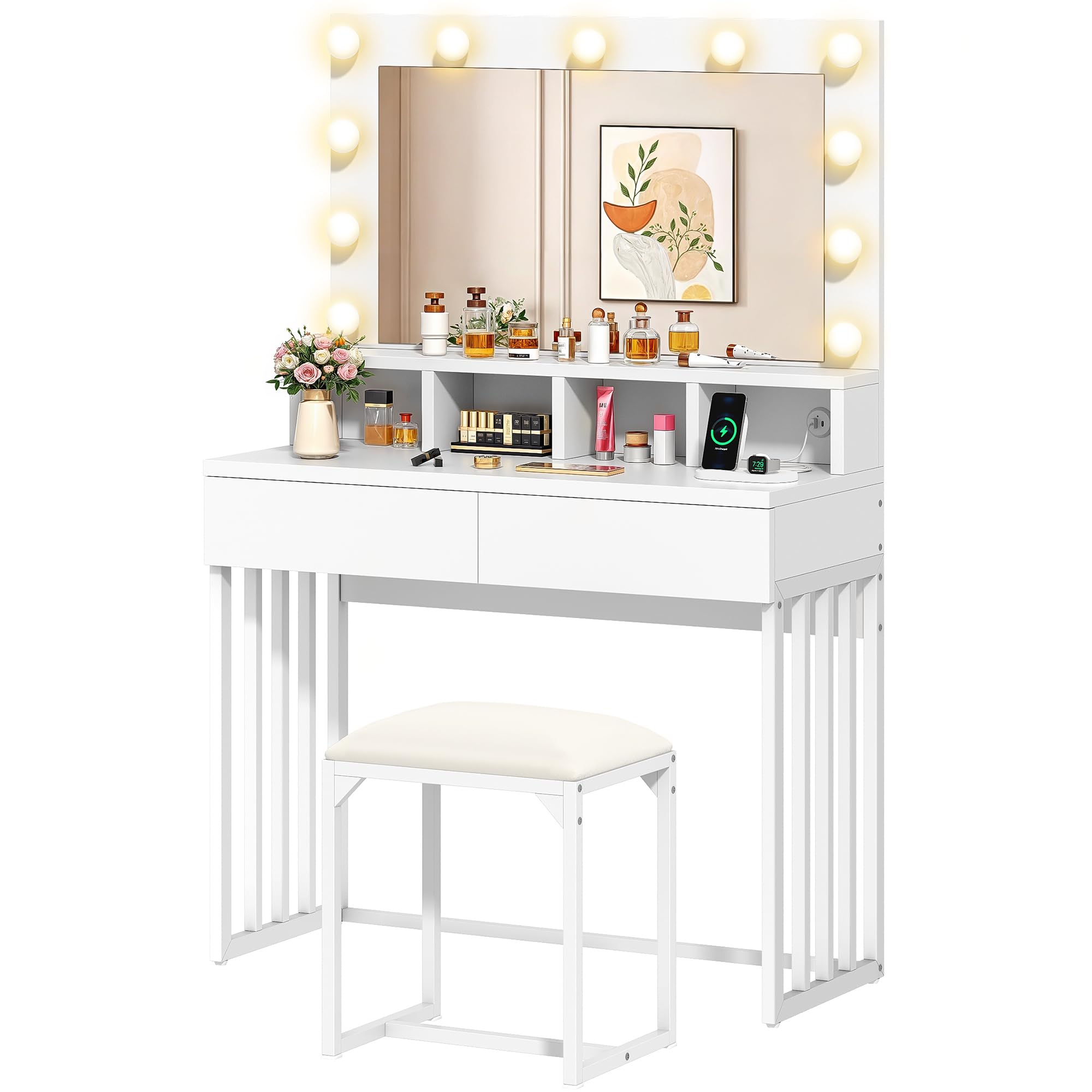 YITAHOME Dressing Table with Mirror and Stool, Vanity Table with Drawers  Hollywood LED Lights, Adjustable Brightness Vanity Makeup Table Makeup Desk