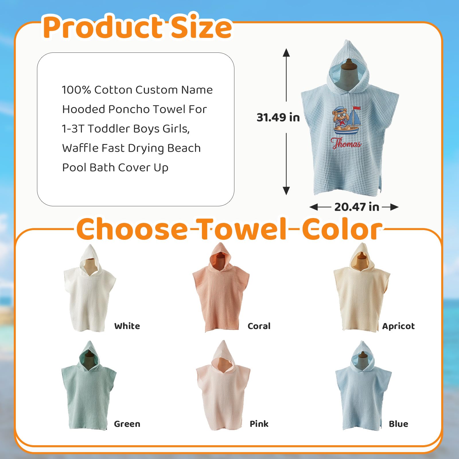 Personalisiertes Handtuch-Poncho Kinder, Strandtuch Stickerei Name, Baumwollwaffel, Kapuze Surf Pool Schwimmen Bad, Sommergeschenk Jungen Mädchen Geburtstag
