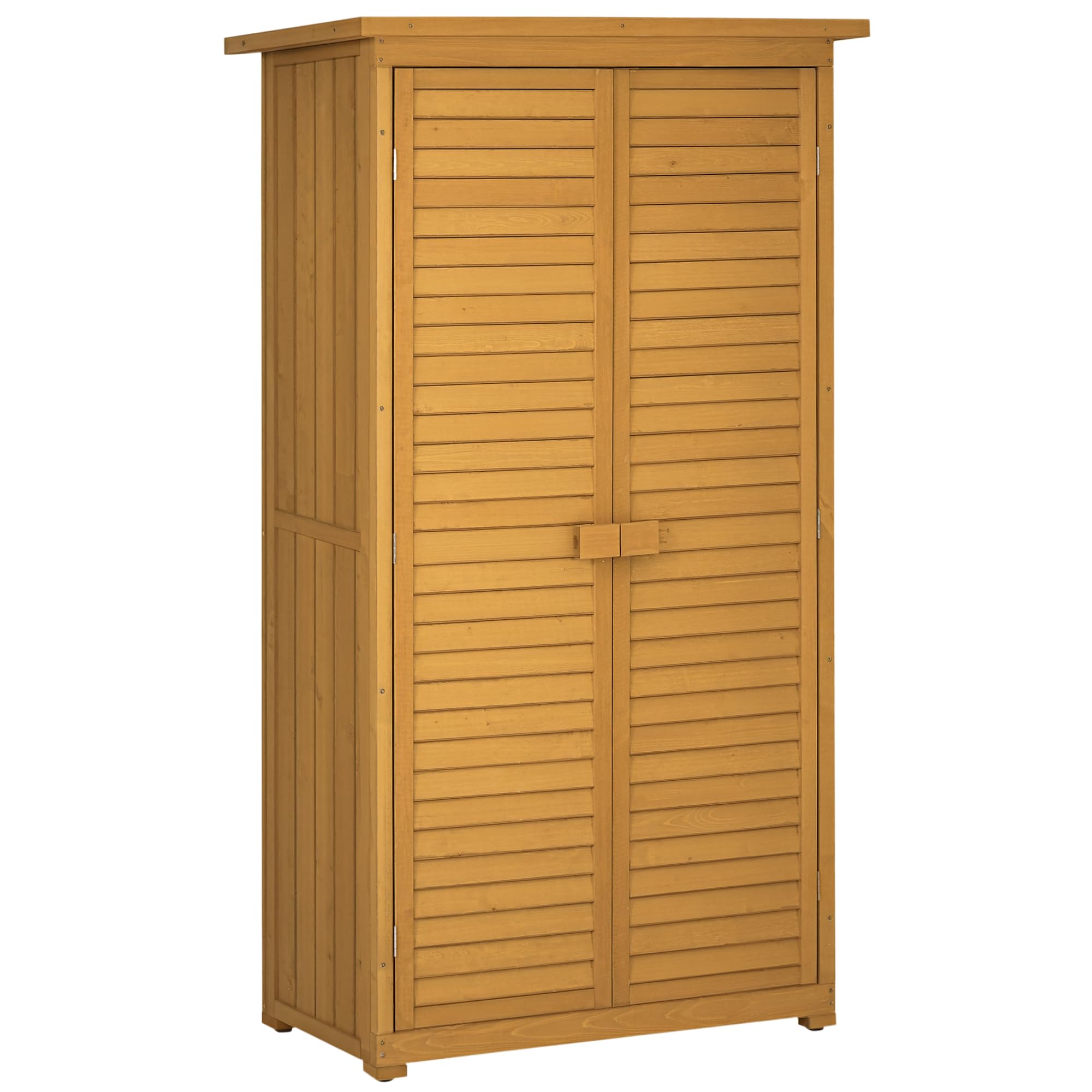 Outsunny Abri de Jardin abri à Outils sur Pied en Bois 2 étagères Portes à Volets Toit en Bitume incliné 87 x 47 x 160 cm Naturel