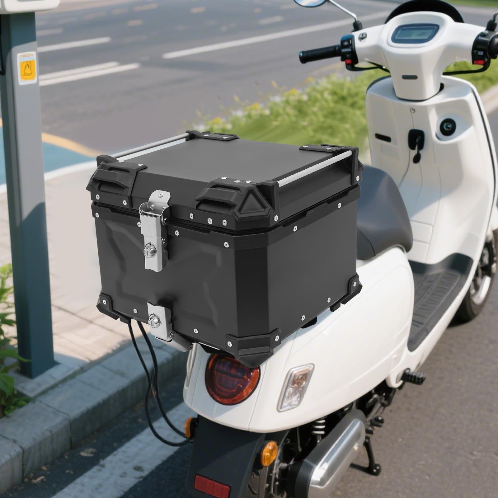 Maleta Superior Para Motocicleta De Aluminio 45L/55L/65L Con Pegatinas Reflectantes Y Candado, Capacidad Máxima De Carga 10Kg, Maleta Universal Negra Para Motocicleta
