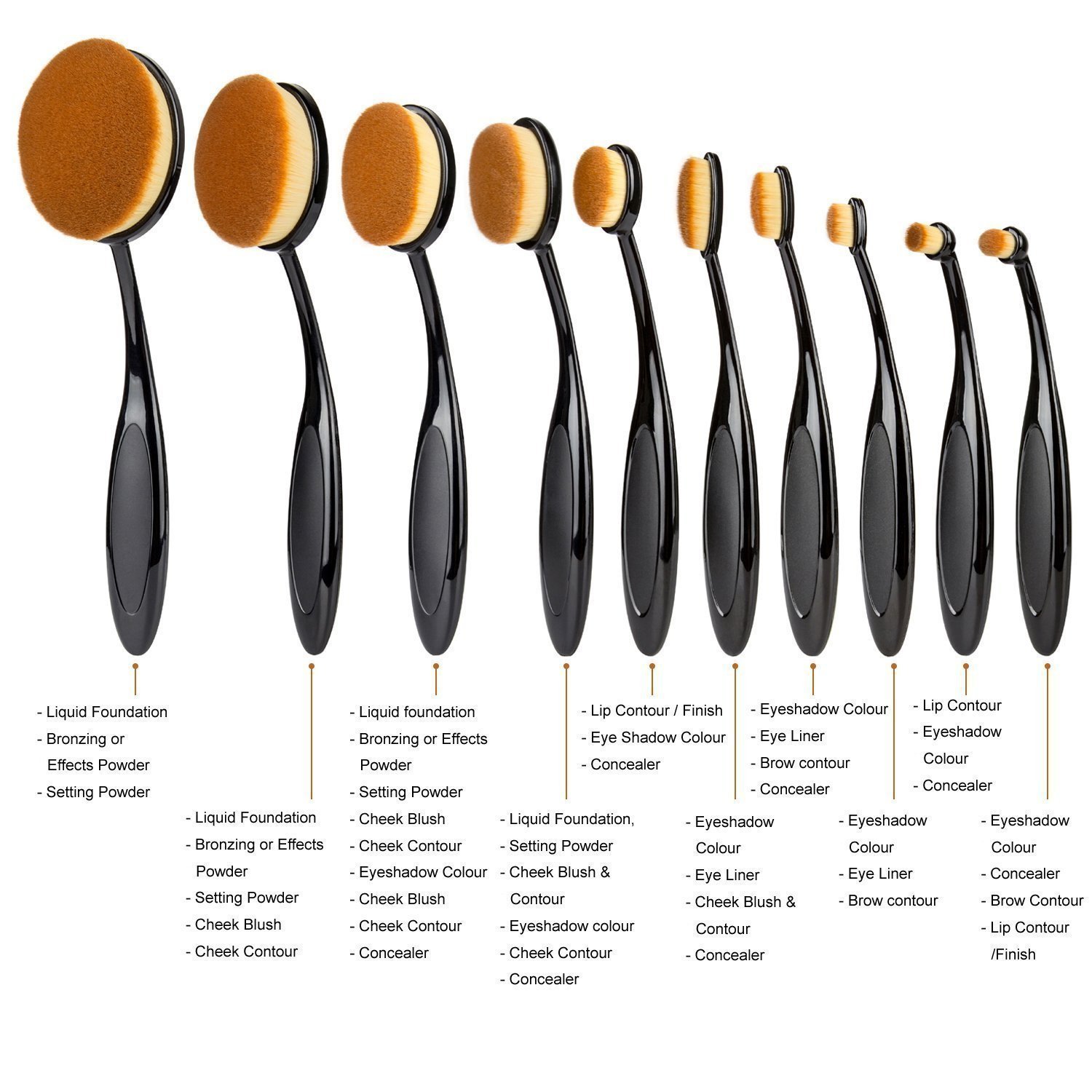 FOK Pennello ovale per trucco, set da 10 pezzi, per fondotinta, cipria, strumento cosmetico