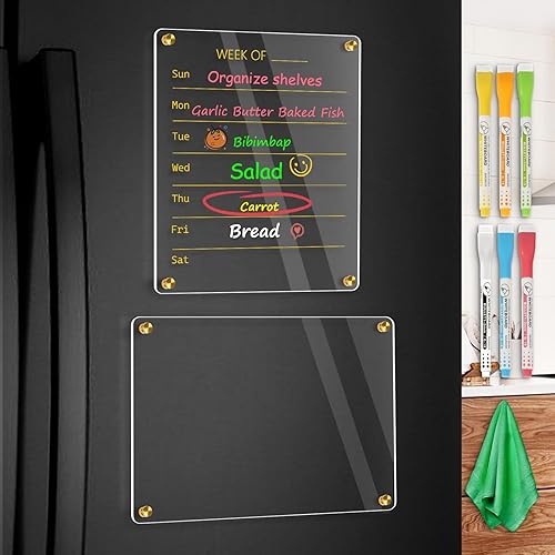 WALGLASS Calendario acrílico para nevera, 12 x 16 pulgadas, pizarra magnética magnética de acrílico transparente dorado para refrigerador, juego de